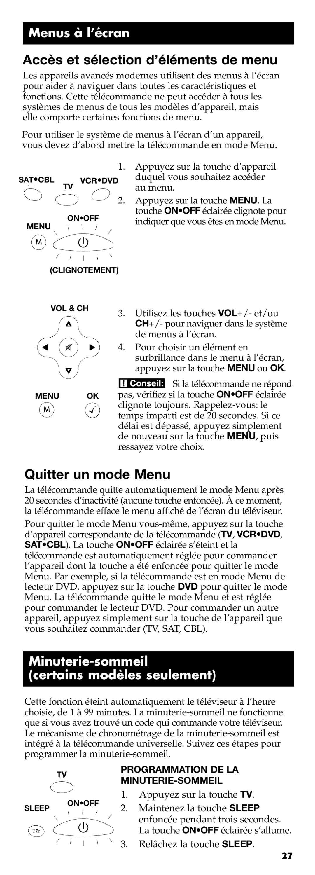 Technicolor - Thomson RCR311B manual Menus à l’écran, Minuterie-sommeil Certains modèles seulement 