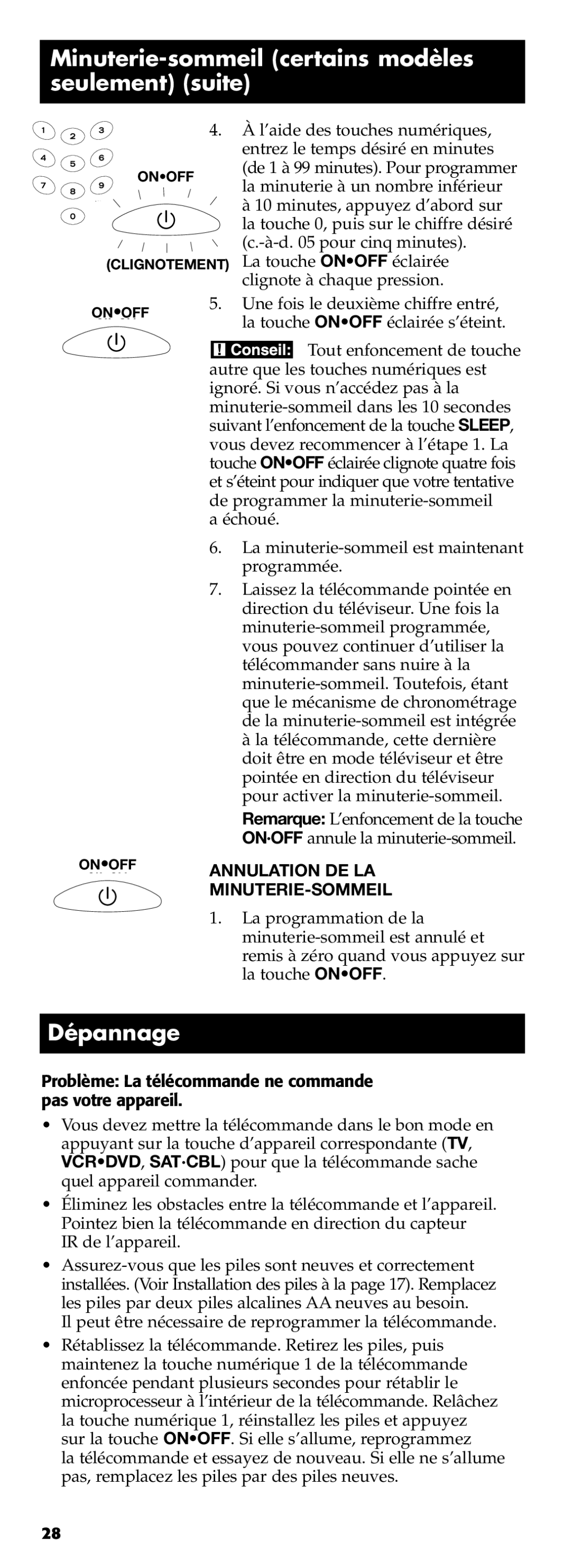 Technicolor - Thomson RCR311B manual Minuterie-sommeil certains modèles seulement suite, Dépannage 