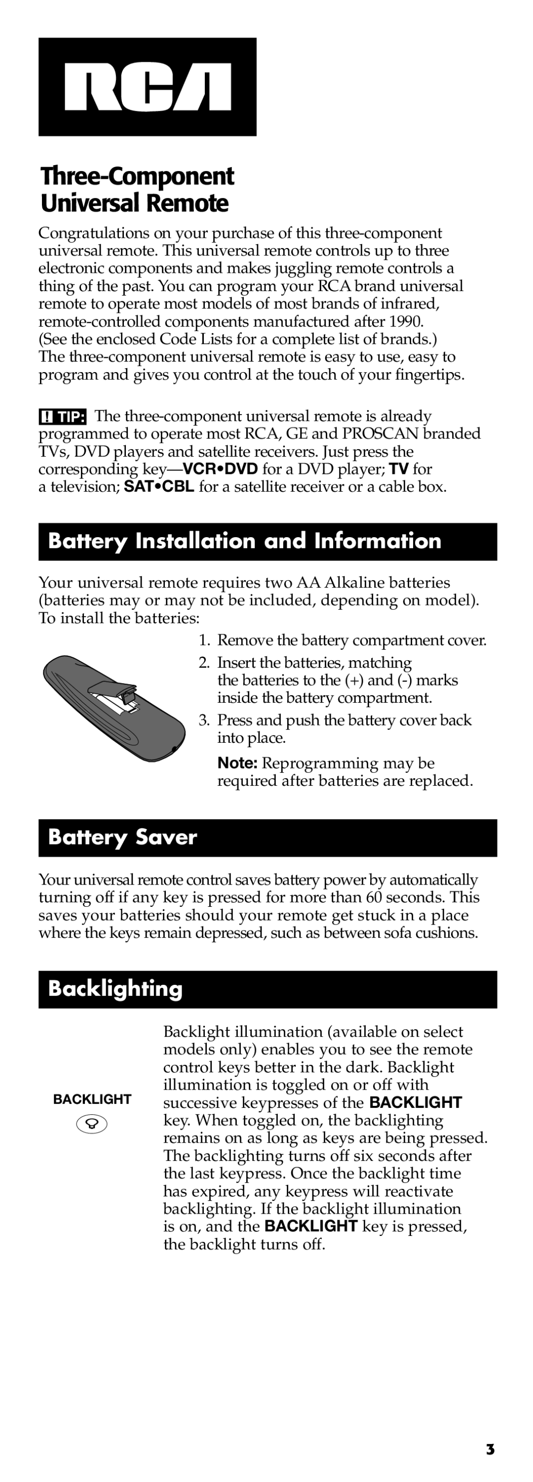 Technicolor - Thomson RCR311B manual Battery Installation and Information, Battery Saver, Backlighting 