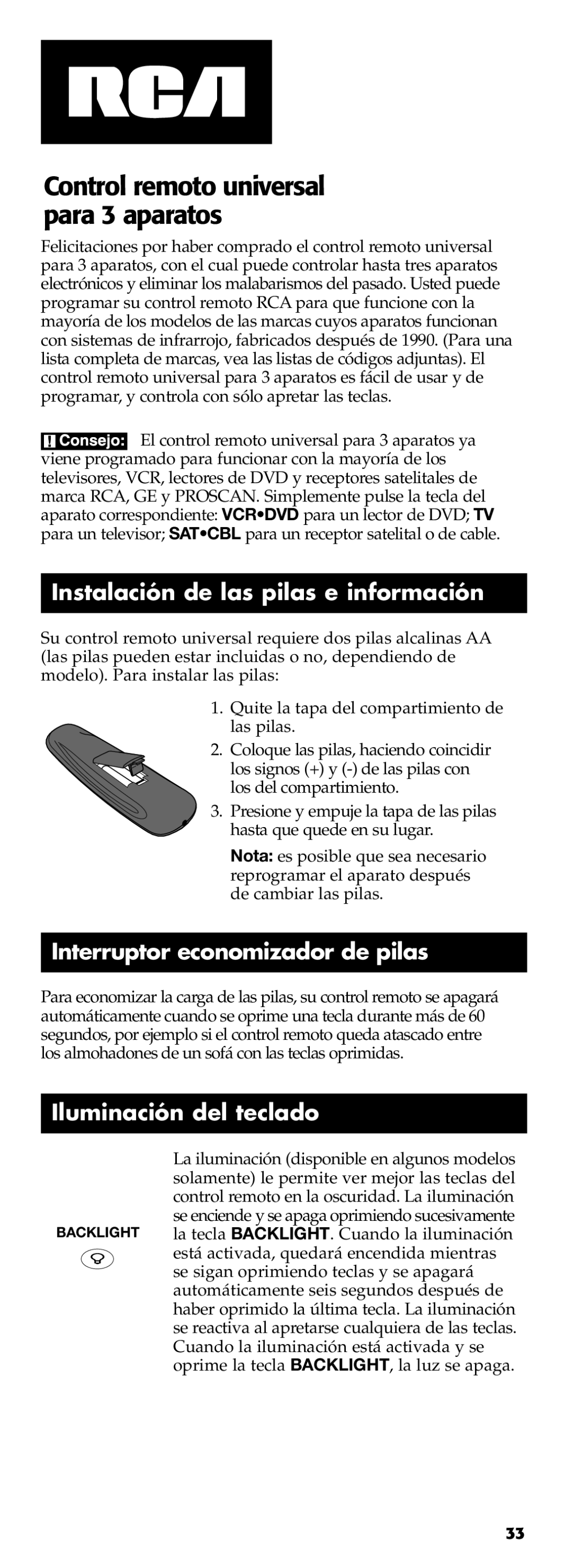 Technicolor - Thomson RCR311B manual Instalación de las pilas e información, Interruptor economizador de pilas 