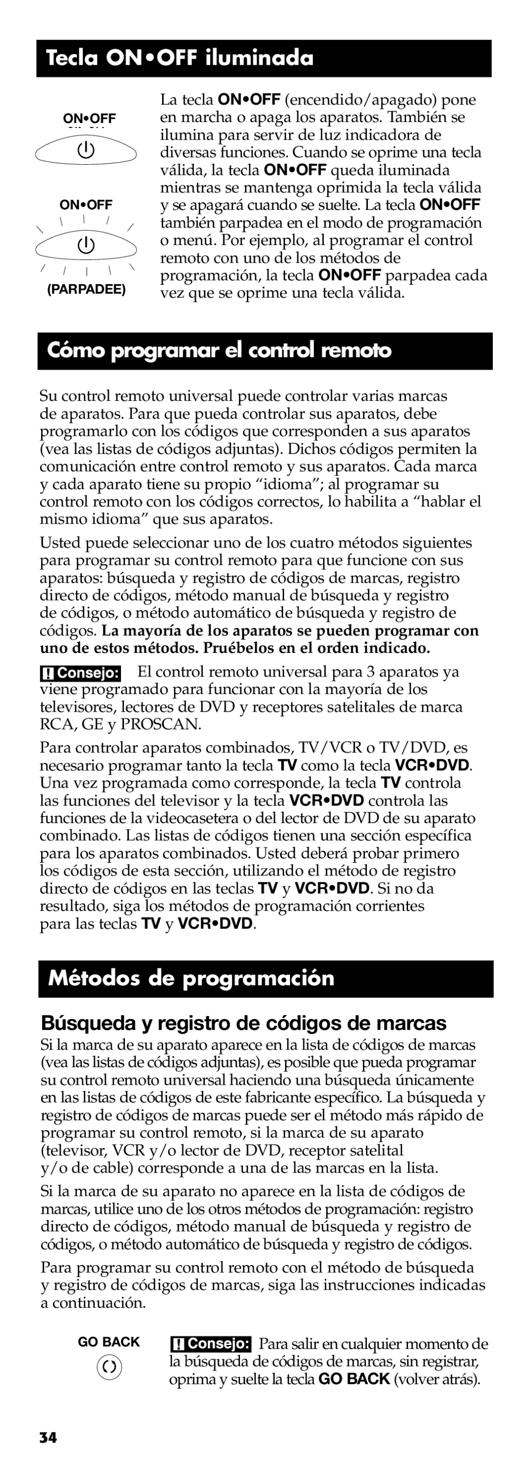 Technicolor - Thomson RCR311B manual Tecla Onoff iluminada, Cómo programar el control remoto, Métodos de programación 