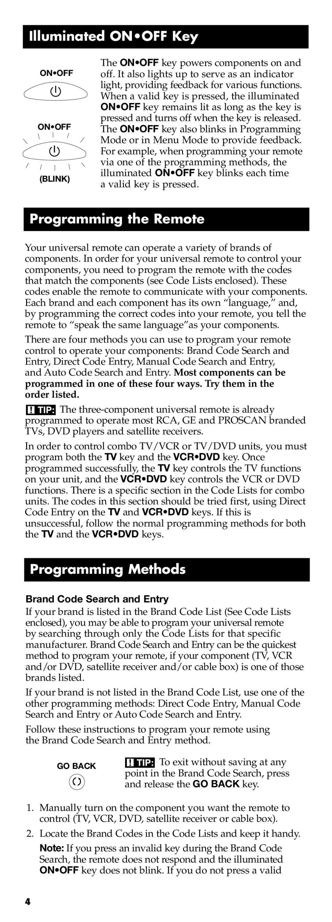Technicolor - Thomson RCR311B manual Illuminated Onoff Key, Programming the Remote, Programming Methods 