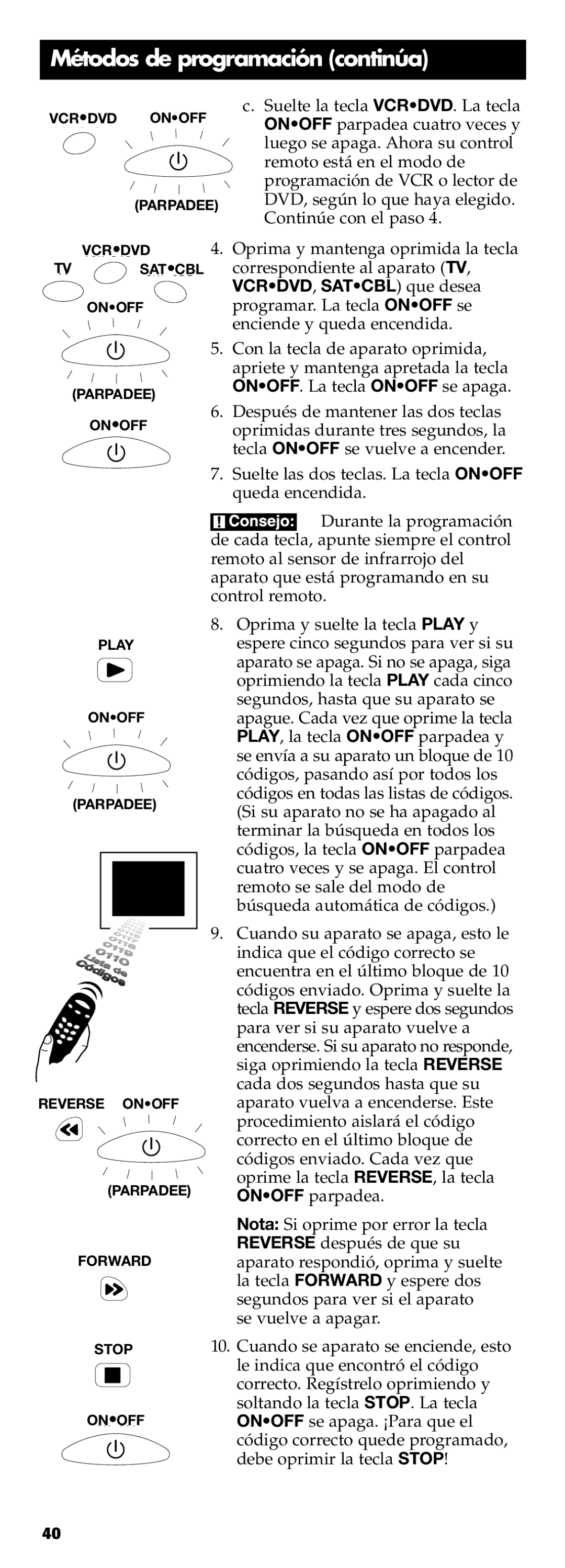 Technicolor - Thomson RCR311B manual Onoff Play Parpadee Reverse Onoff Forward Stop 