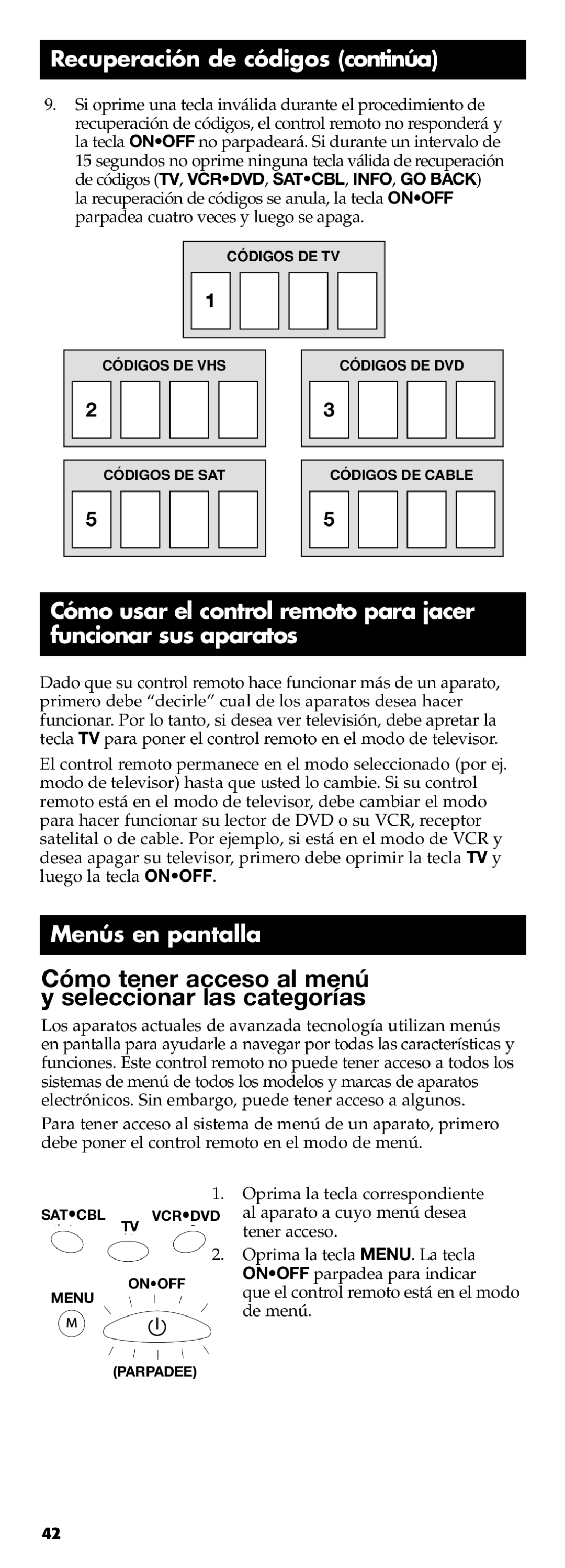 Technicolor - Thomson RCR311B manual Recuperación de códigos continúa, Menús en pantalla 