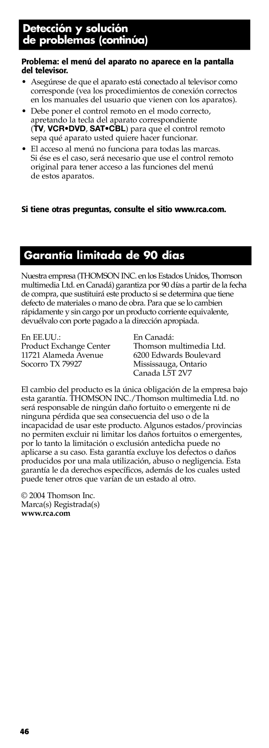 Technicolor - Thomson RCR311B manual Detección y solución De problemas continúa, Garantía limitada de 90 días 