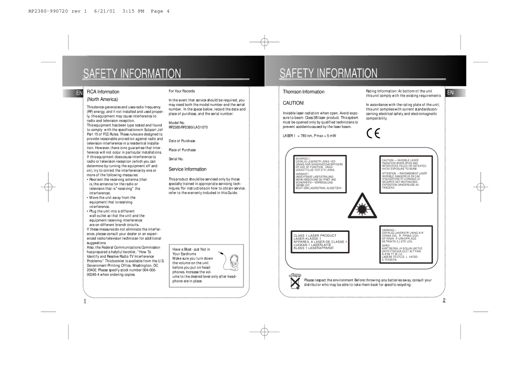 Technicolor - Thomson RP2385 Safety Information, EN RCA Information North America, Thomson Information, For Your Records 