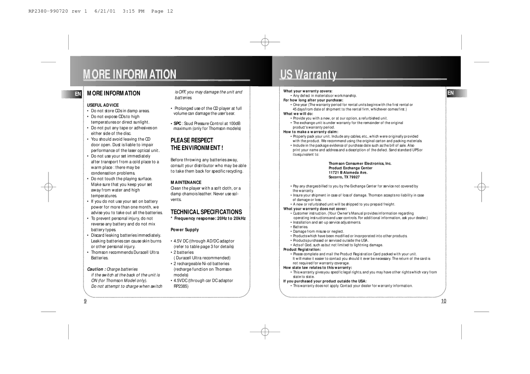 Technicolor - Thomson RP2385, RP2380 manual More Information US Warranty, EN More Information, Please Respect Environment 