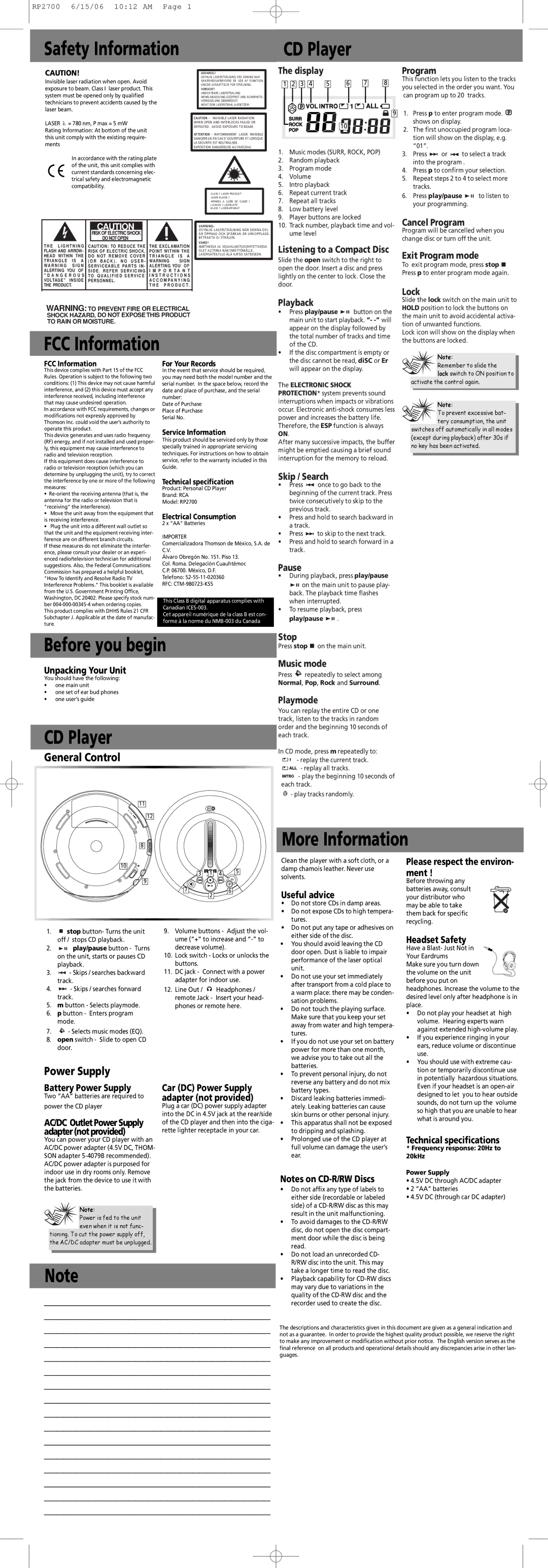 Technicolor - Thomson RP2700 technical specifications Safety Information CD Player, FCC Information, Before you begin 