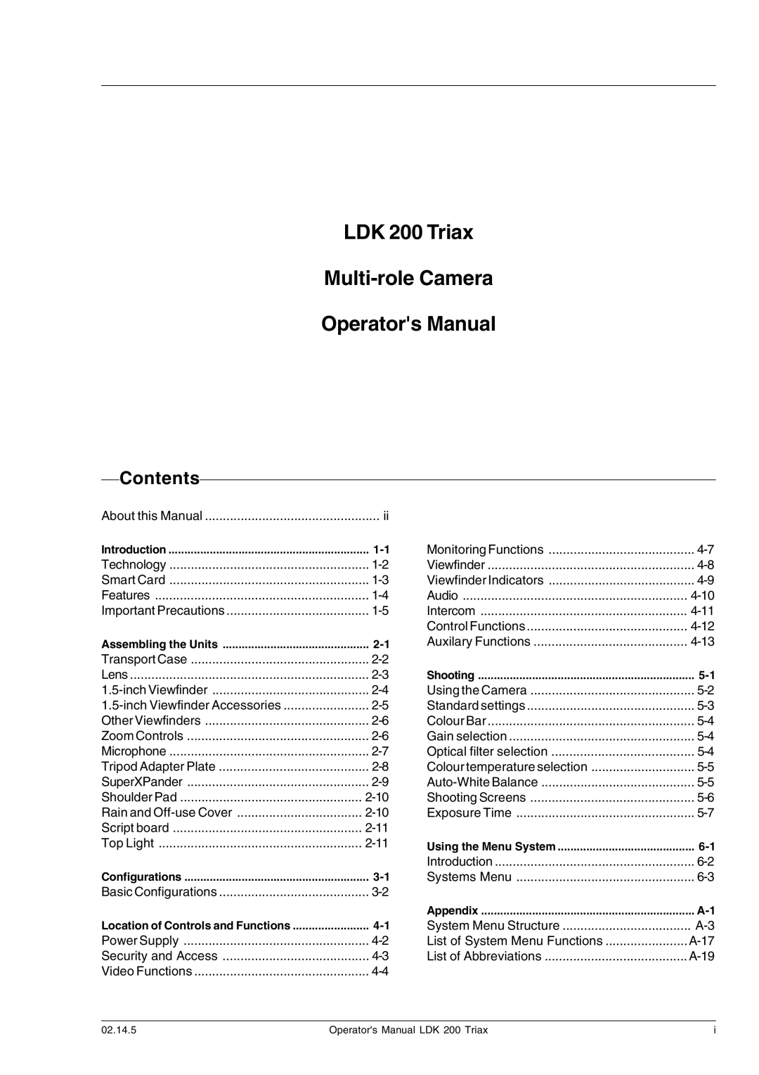 Technicolor - Thomson RP5430 manual LDK 200 Triax Multi-role Camera Operators Manual, Contents 