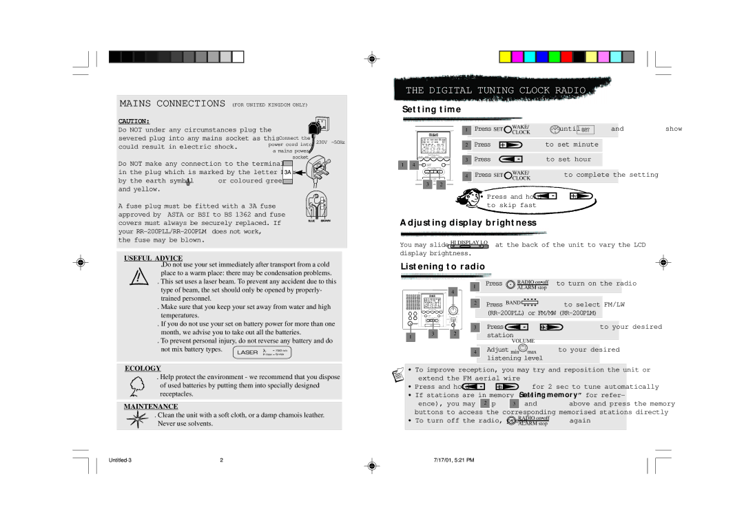 Technicolor - Thomson RR200PLL, RR200PLM user manual Setting time, Adjusting display brightness, Listening to radio 