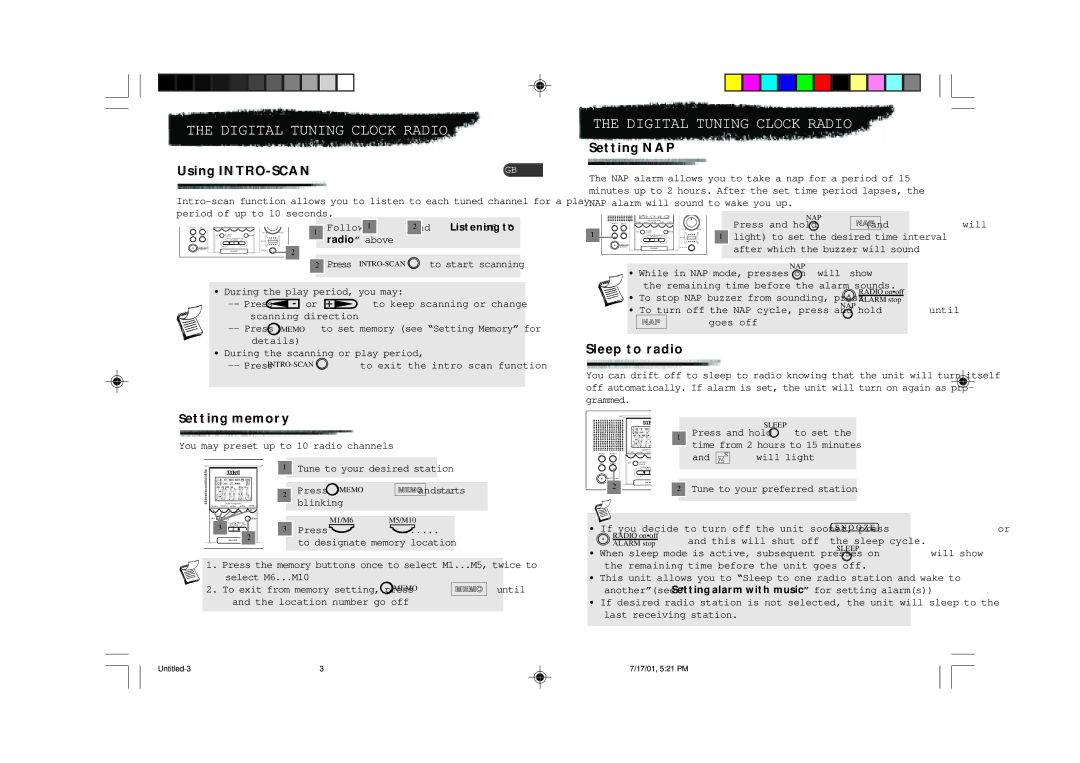 Technicolor - Thomson RR200PLM, RR200PLL user manual Setting NAP Using INTRO-SCAN, Sleep to radio, Setting memory 