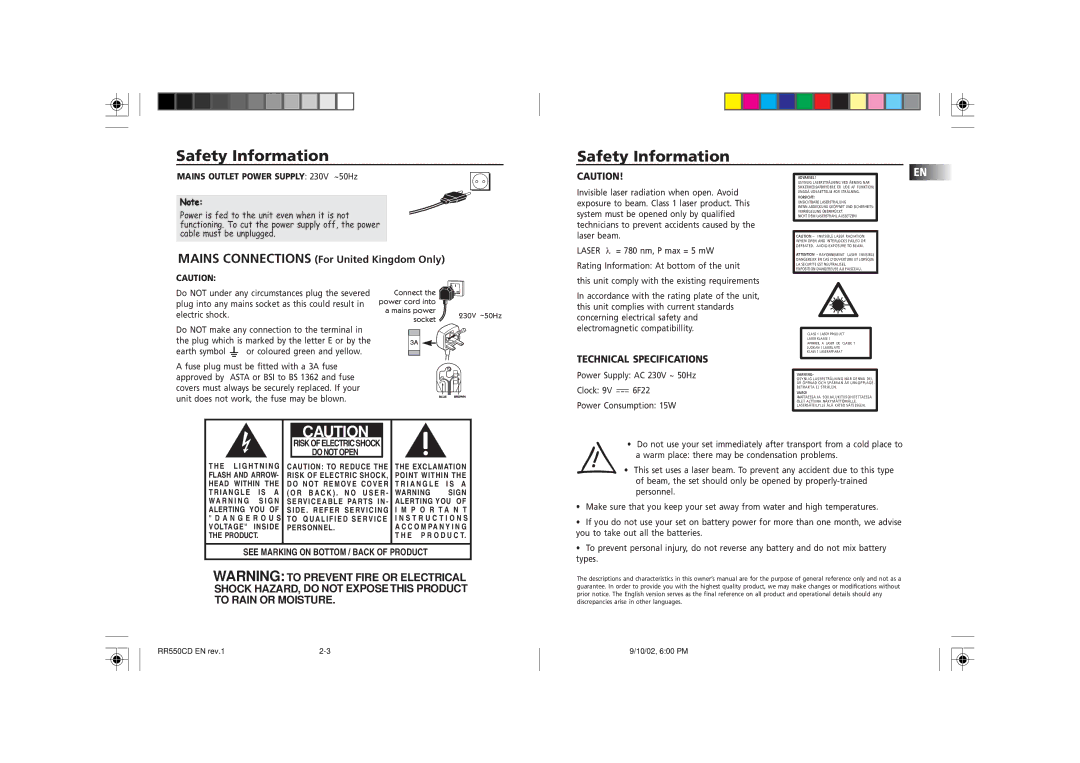 Technicolor - Thomson RR550CD technical specifications Safety Information, Mains Outlet Power Supply 230V ~50Hz 