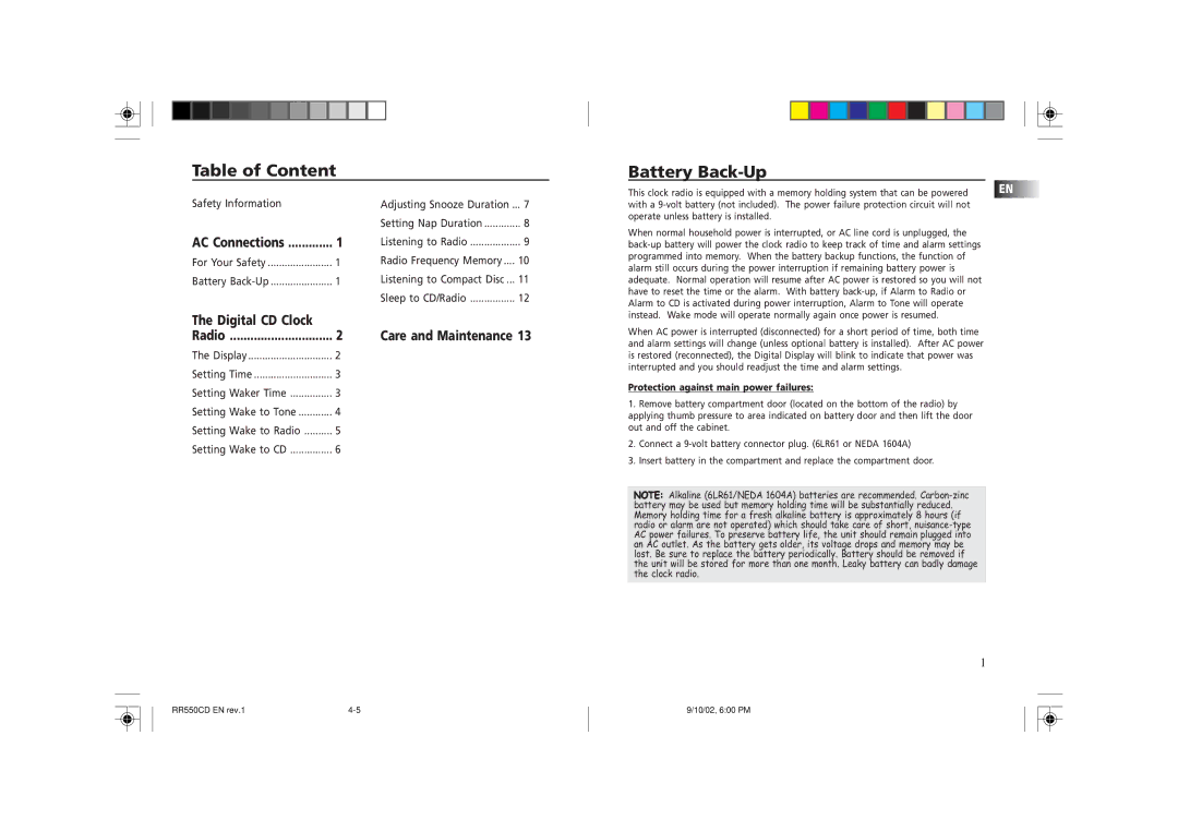 Technicolor - Thomson RR550CD Table of Content Battery Back-Up, Protection against main power failures 