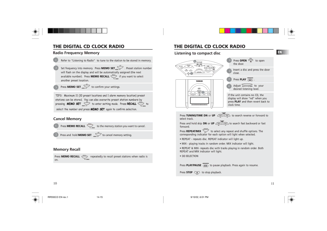 Technicolor - Thomson RR550CD Radio Frequency Memory, Listening to compact disc, Cancel Memory, Memory Recall 