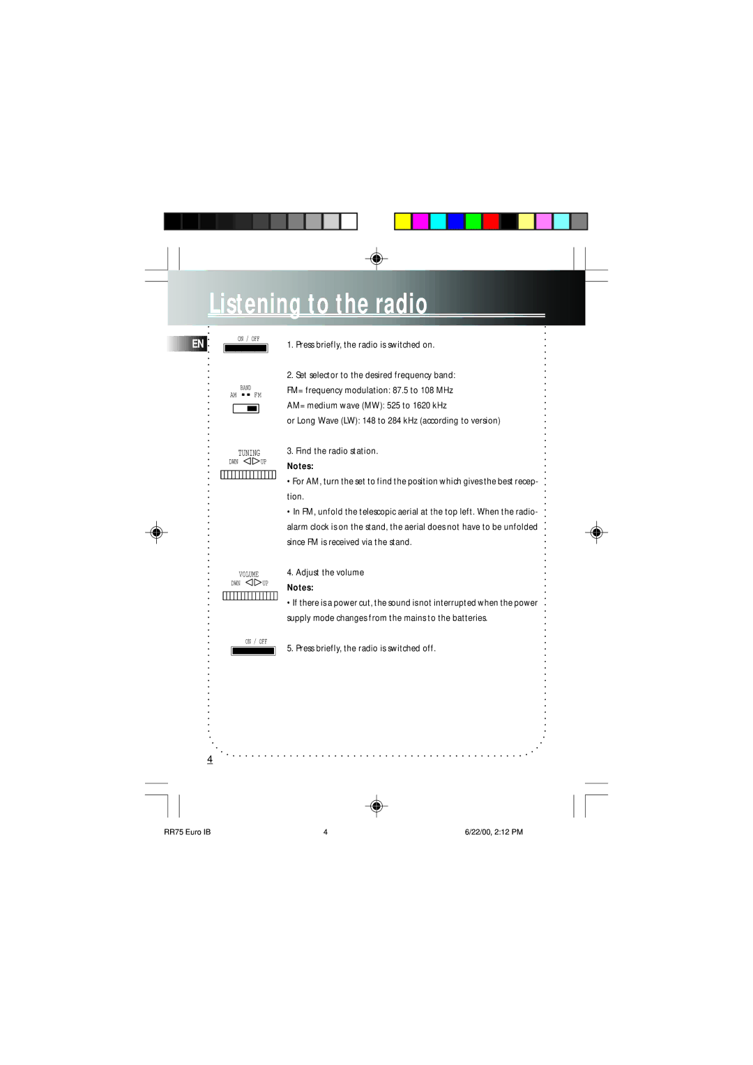 Technicolor - Thomson RR75 manual Listening to the radio, Press briefly, the radio is switched on 