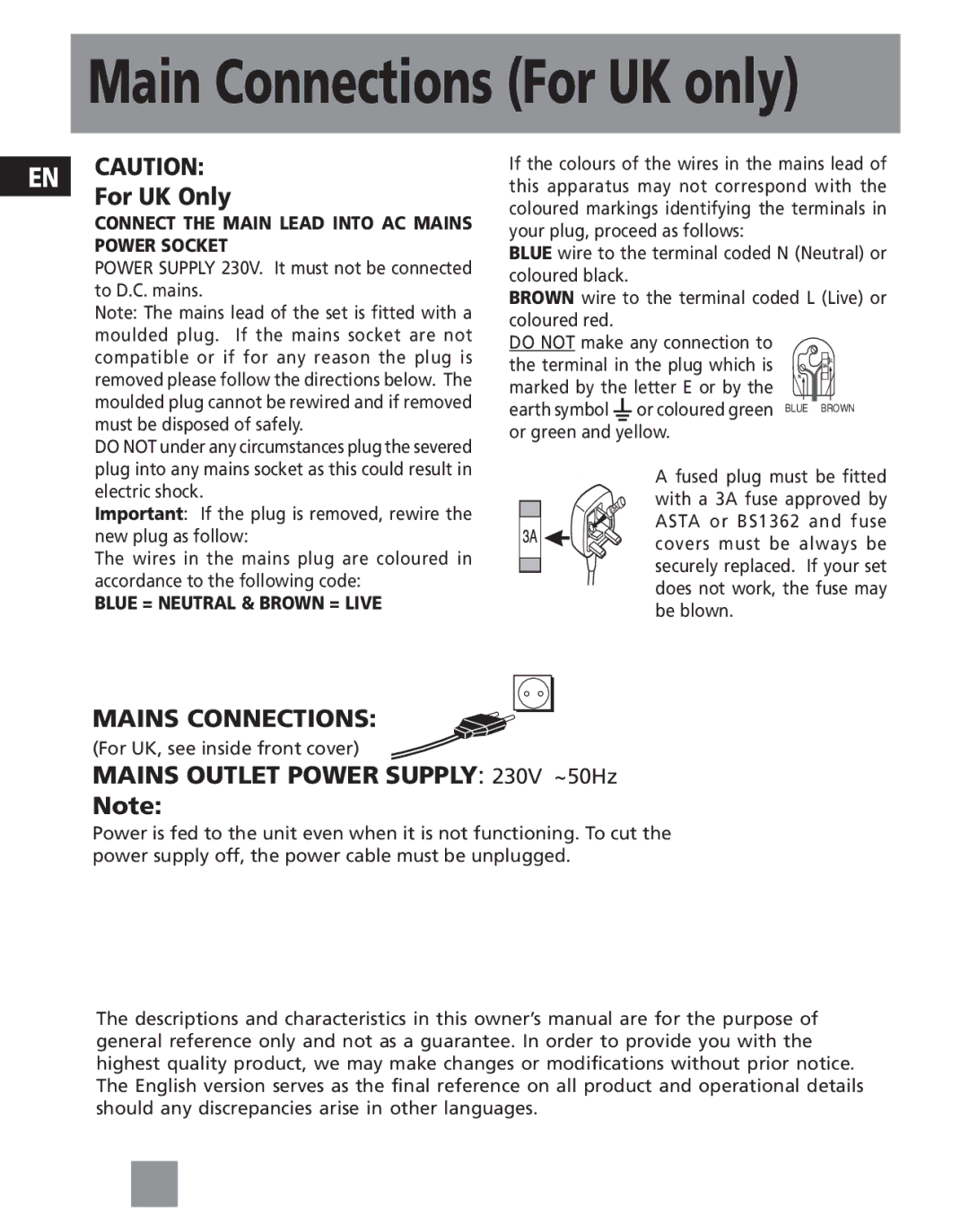 Technicolor - Thomson RR96L manual Main Connections For UK only 