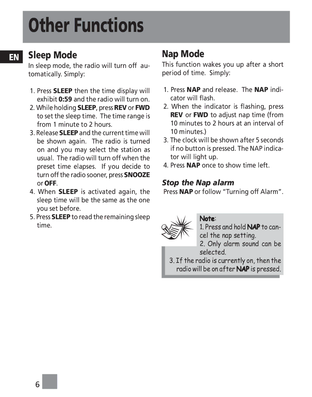 Technicolor - Thomson RR96L manual Other Functions, Sleep Mode, Nap Mode 