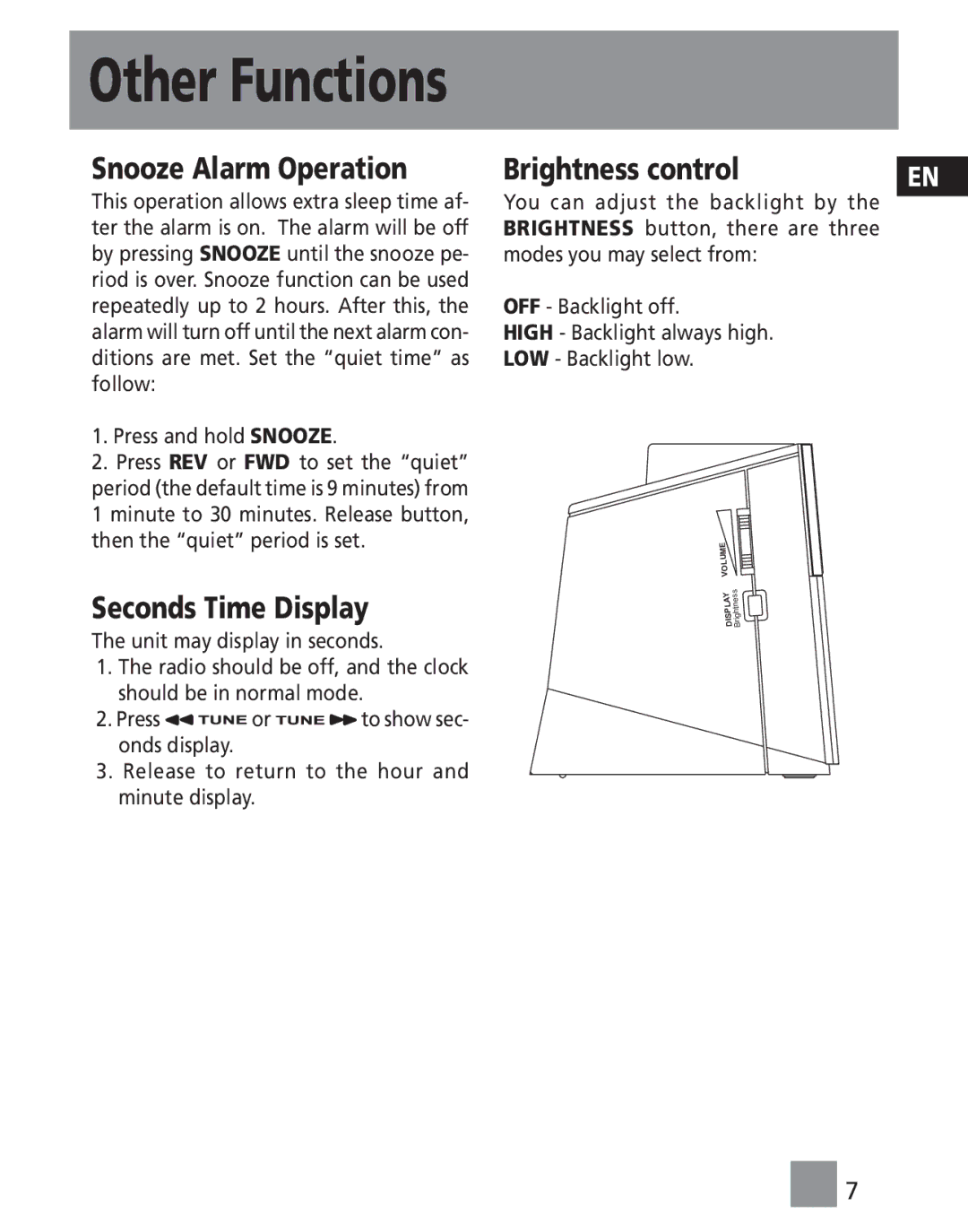 Technicolor - Thomson RR96L manual Snooze Alarm Operation, Brightness control, Seconds Time Display 