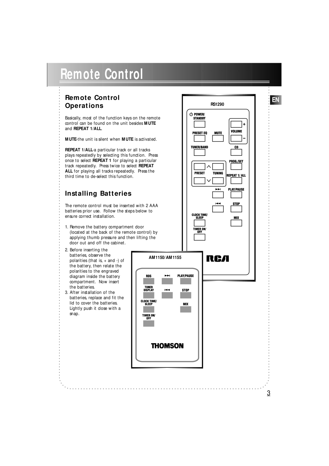 Technicolor - Thomson rs1290 manual Remote Control Operations, Installing Batteries, Repeat 1/ALL, AM1150/AM1155 