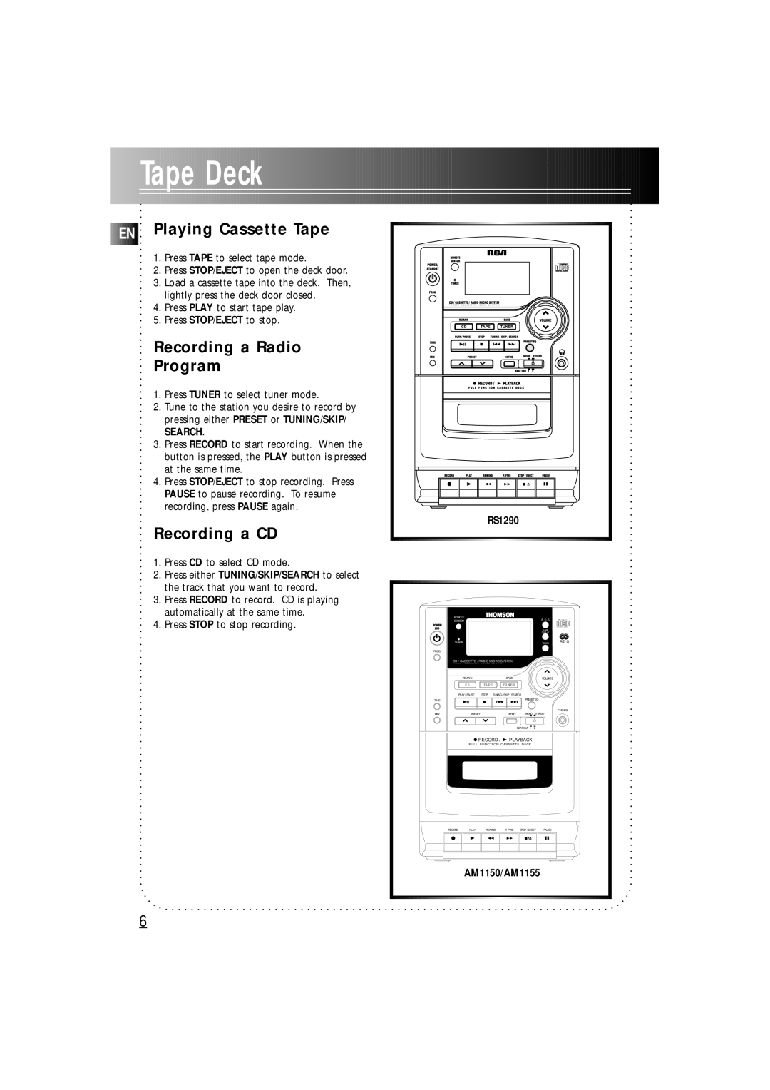 Technicolor - Thomson rs1290 manual Playing Cassette Tape, Recording a Radio Program, Recording a CD 