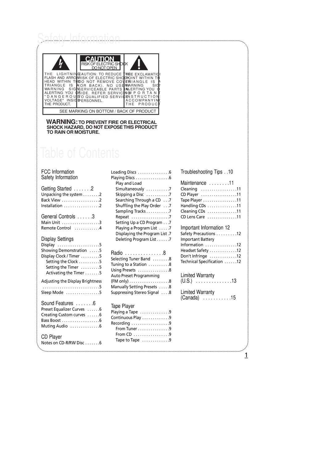 Technicolor - Thomson RS2600 manual Safety Information, Table of Contents 