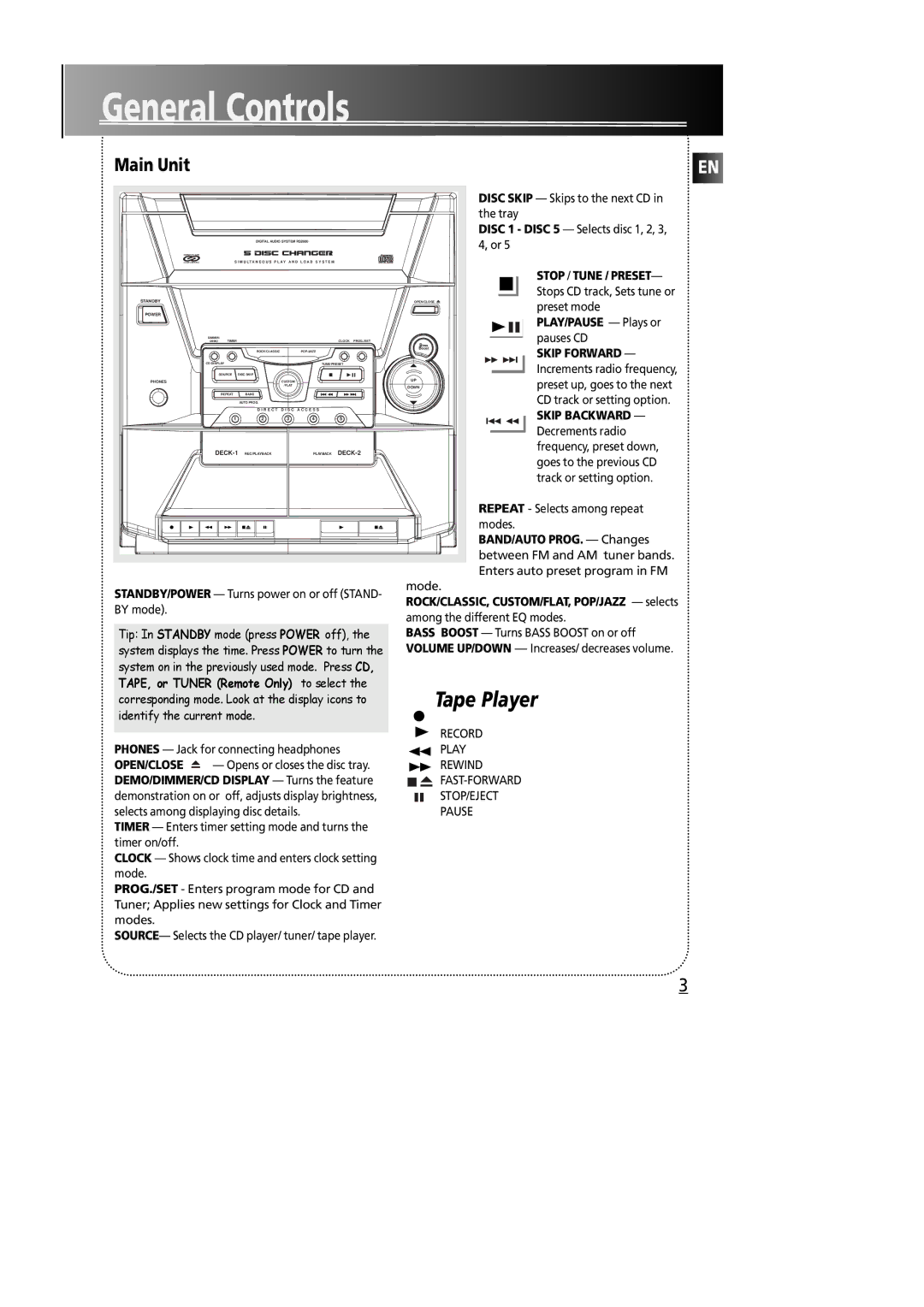 Technicolor - Thomson RS2600 manual General Controls, Main Unit 