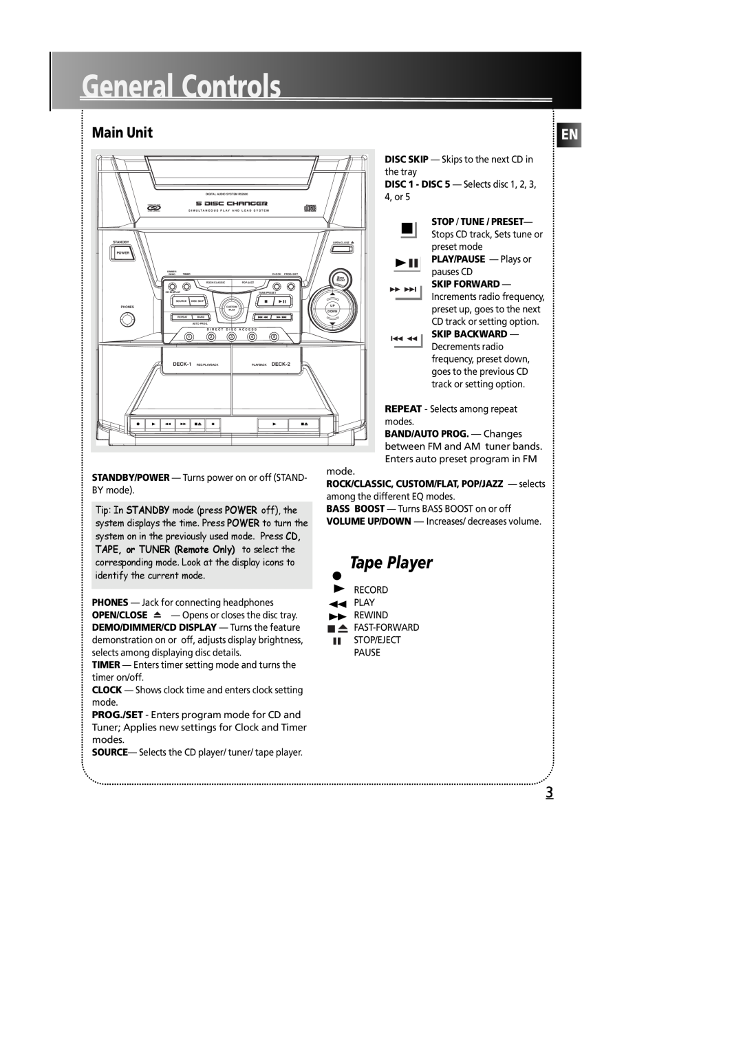 Technicolor - Thomson RS2600 manual General Controls, Main Unit, Tape Player 