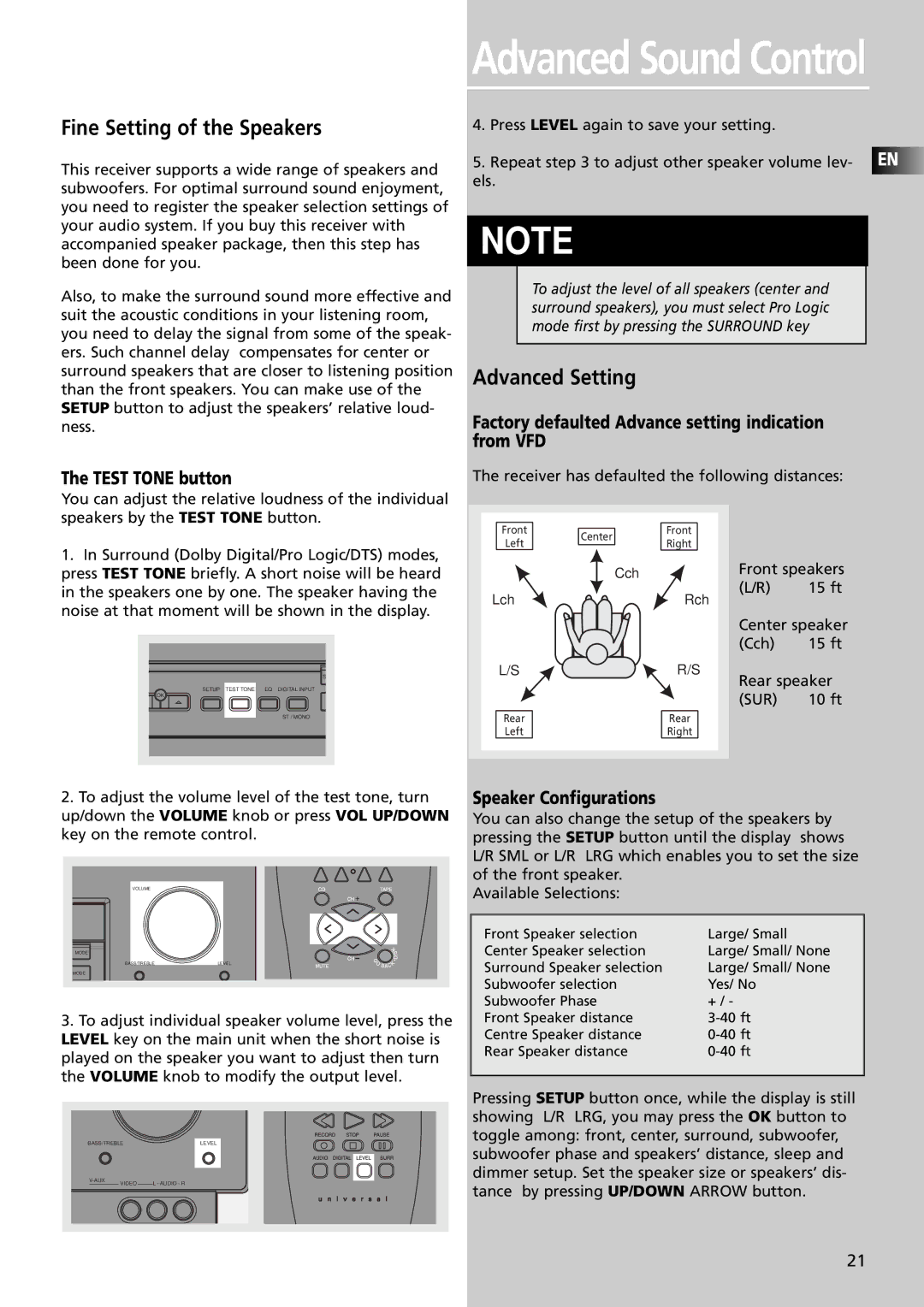 Technicolor - Thomson RT2350BK, RT2600 manual Fine Setting of the Speakers, Test Tone button, Speaker Configurations 