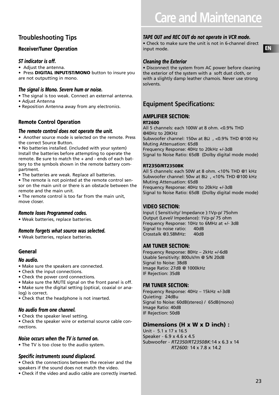 Technicolor - Thomson RT2600, RT2350BK manual Troubleshooting Tips, Equipment Specifications 