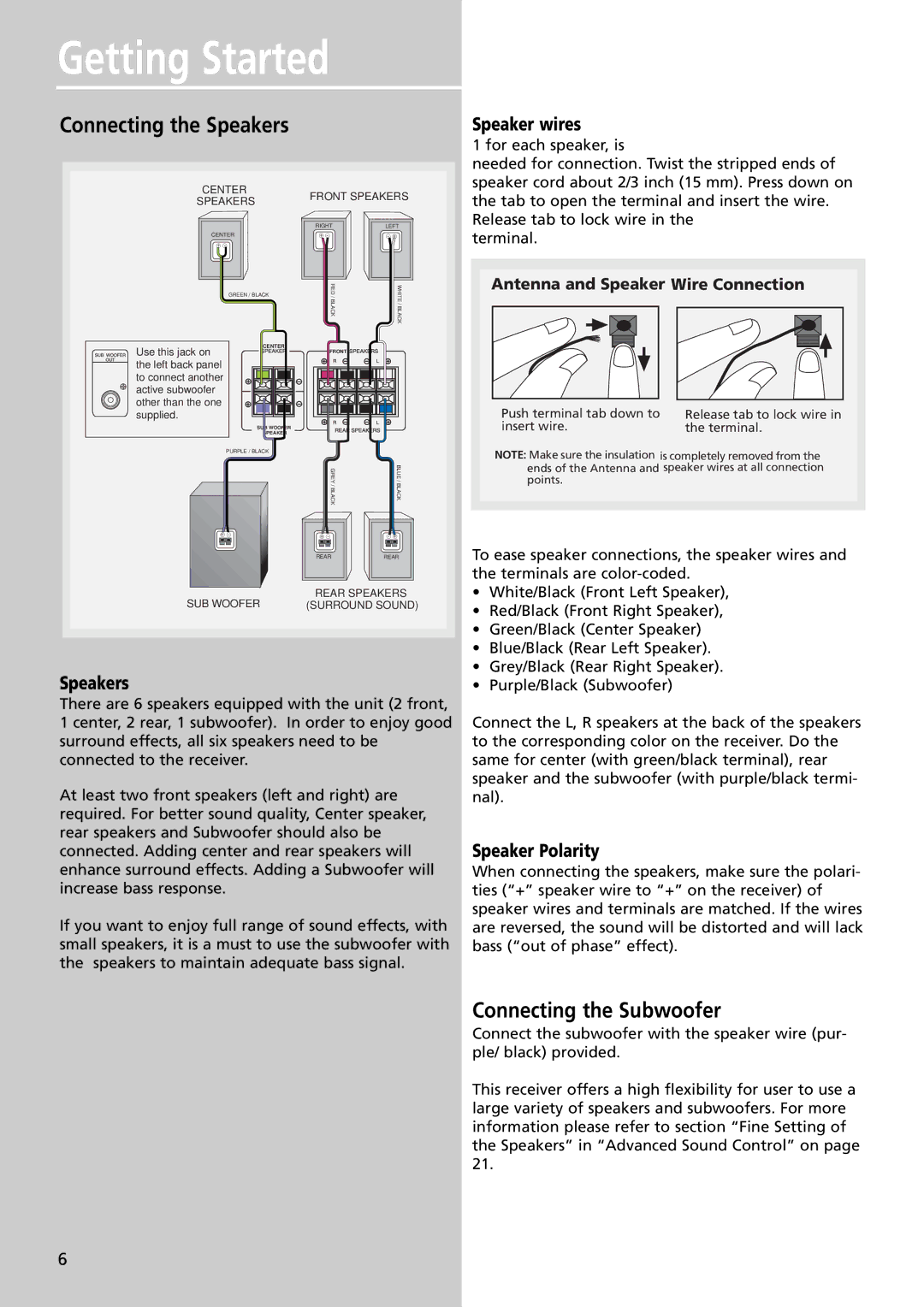 Technicolor - Thomson RT2350BK, RT2600 Connecting the Speakers, Connecting the Subwoofer, Speaker wires, Speaker Polarity 