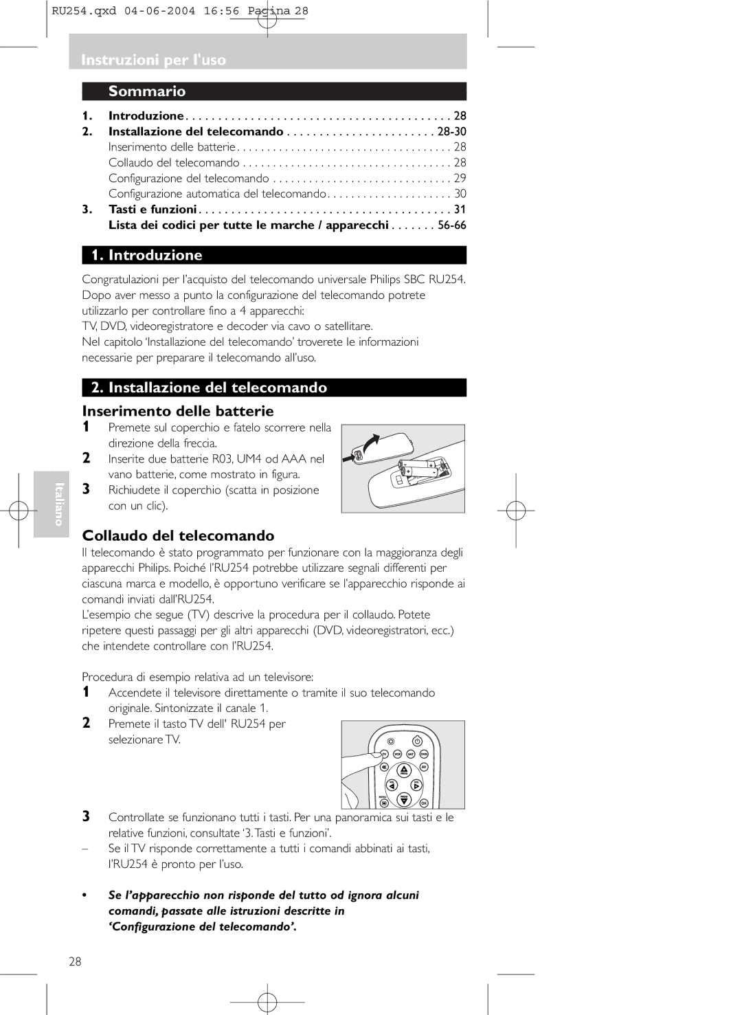 Technicolor - Thomson RU254 manual Instruzioni per luso Sommario, Introduzione, Installazione del telecomando 