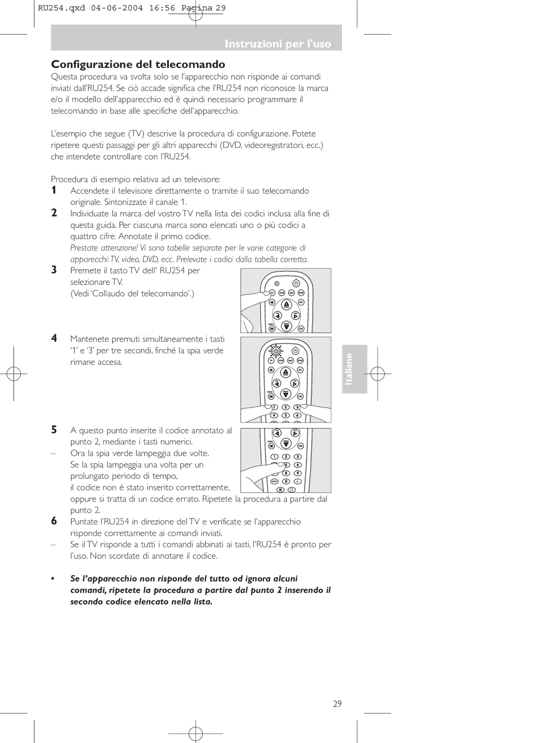 Technicolor - Thomson RU254 manual Instruzioni per luso, Configurazione del telecomando 