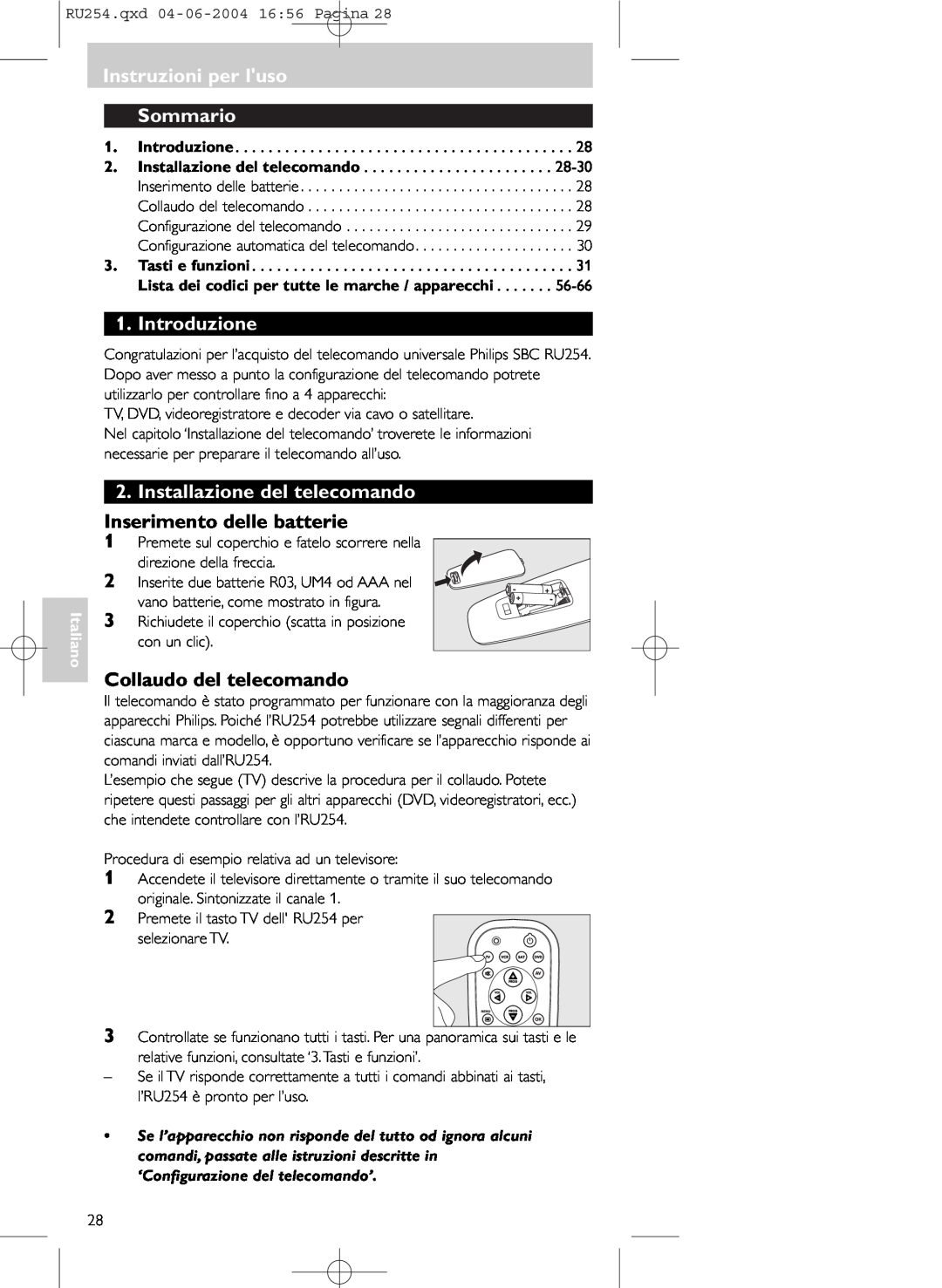 Technicolor - Thomson RU254 manual Instruzioni per luso Sommario, Introduzione, Installazione del telecomando, Italiano 