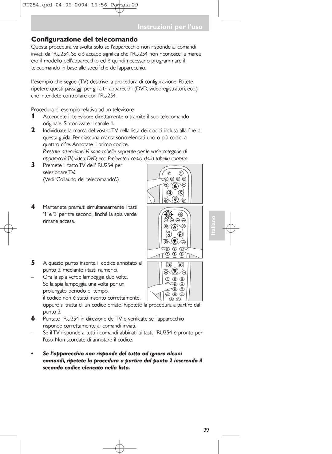 Technicolor - Thomson RU254 manual Instruzioni per luso, Configurazione del telecomando, Italiano 