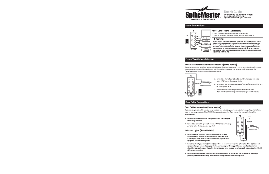 Technicolor - Thomson SpikeMaster Series warranty User’s Guide, Power Connections, Phone/Fax/Modem/Ethernet 