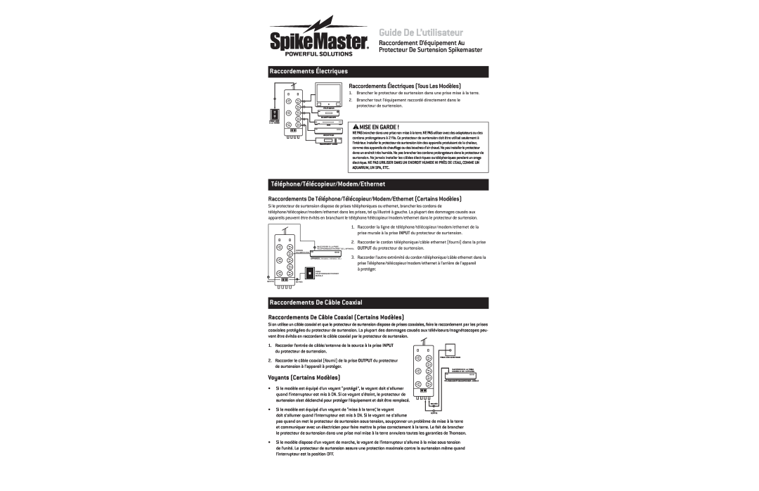Technicolor - Thomson SpikeMaster Series warranty Guide De L’utilisateur, Raccordements Électriques, Mise En Garde 