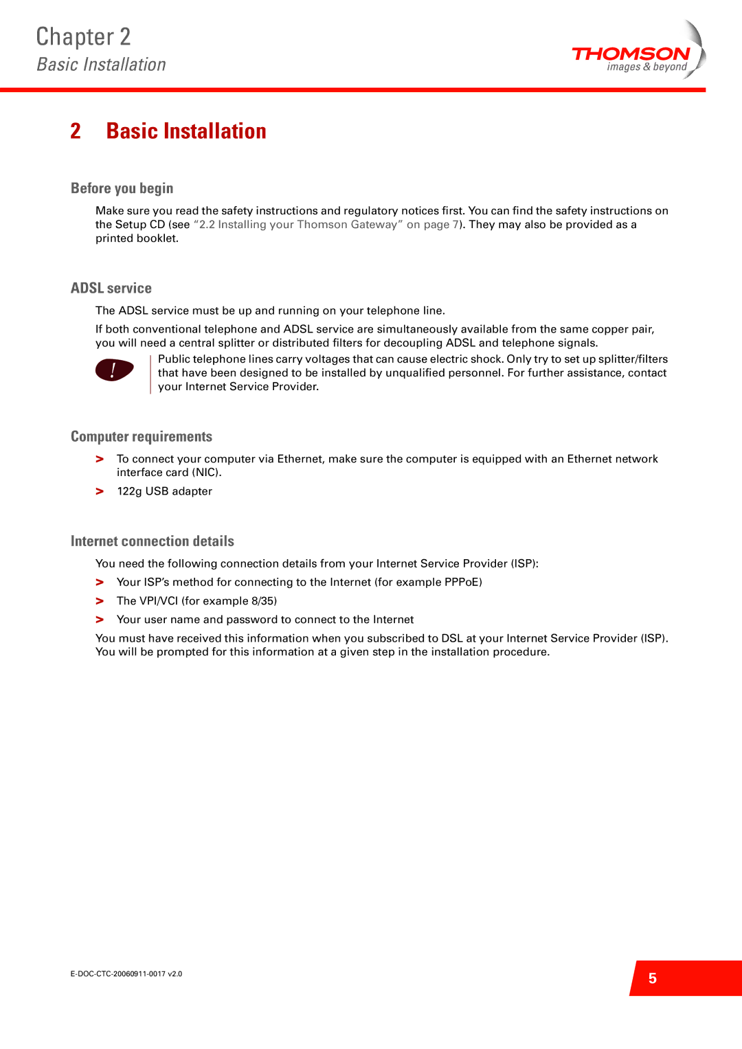 Technicolor - Thomson ST516V6 setup guide Basic Installation, Before you begin, Adsl service, Computer requirements 