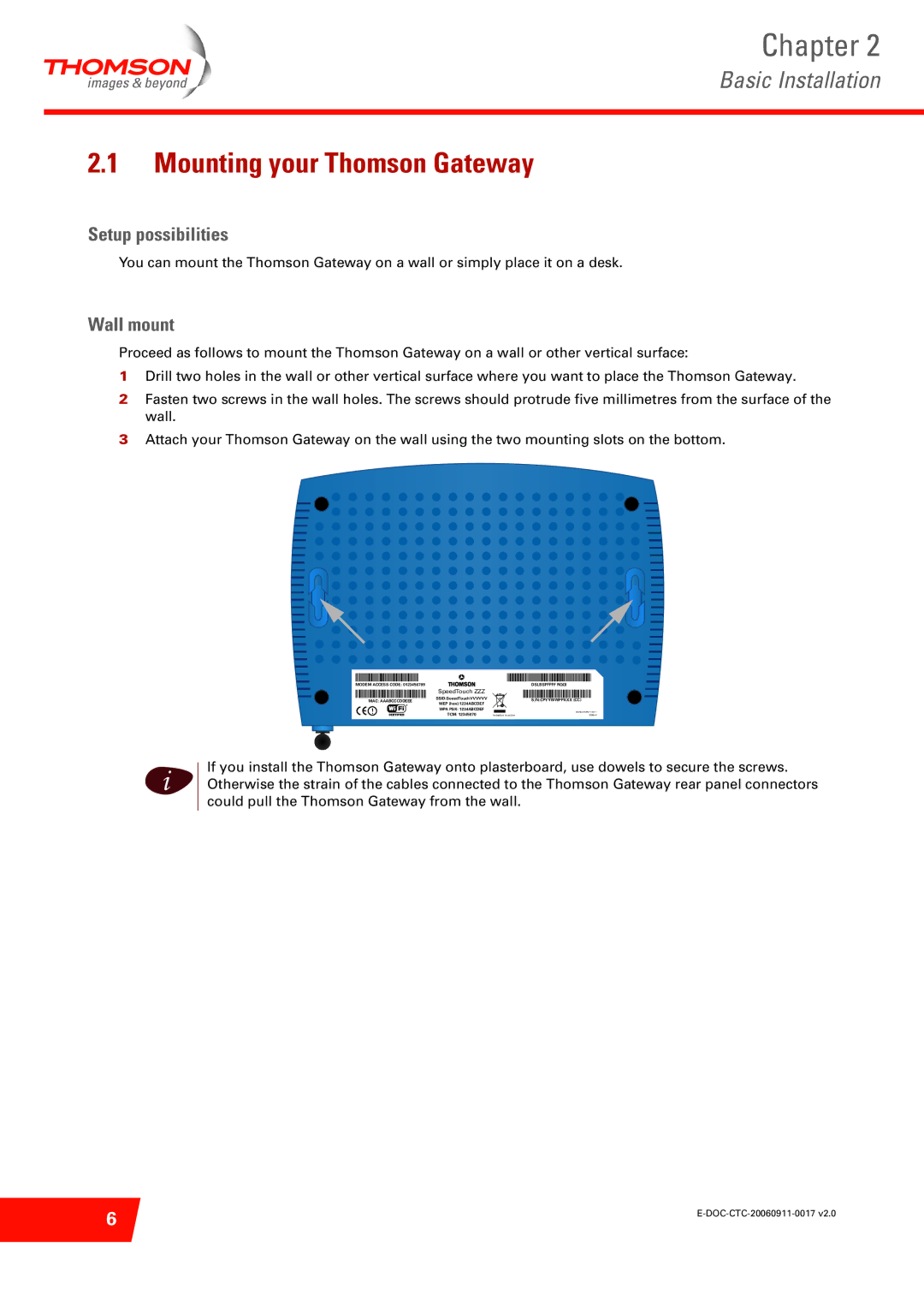 Technicolor - Thomson ST516V6 setup guide Mounting your Thomson Gateway, Setup possibilities, Wall mount 