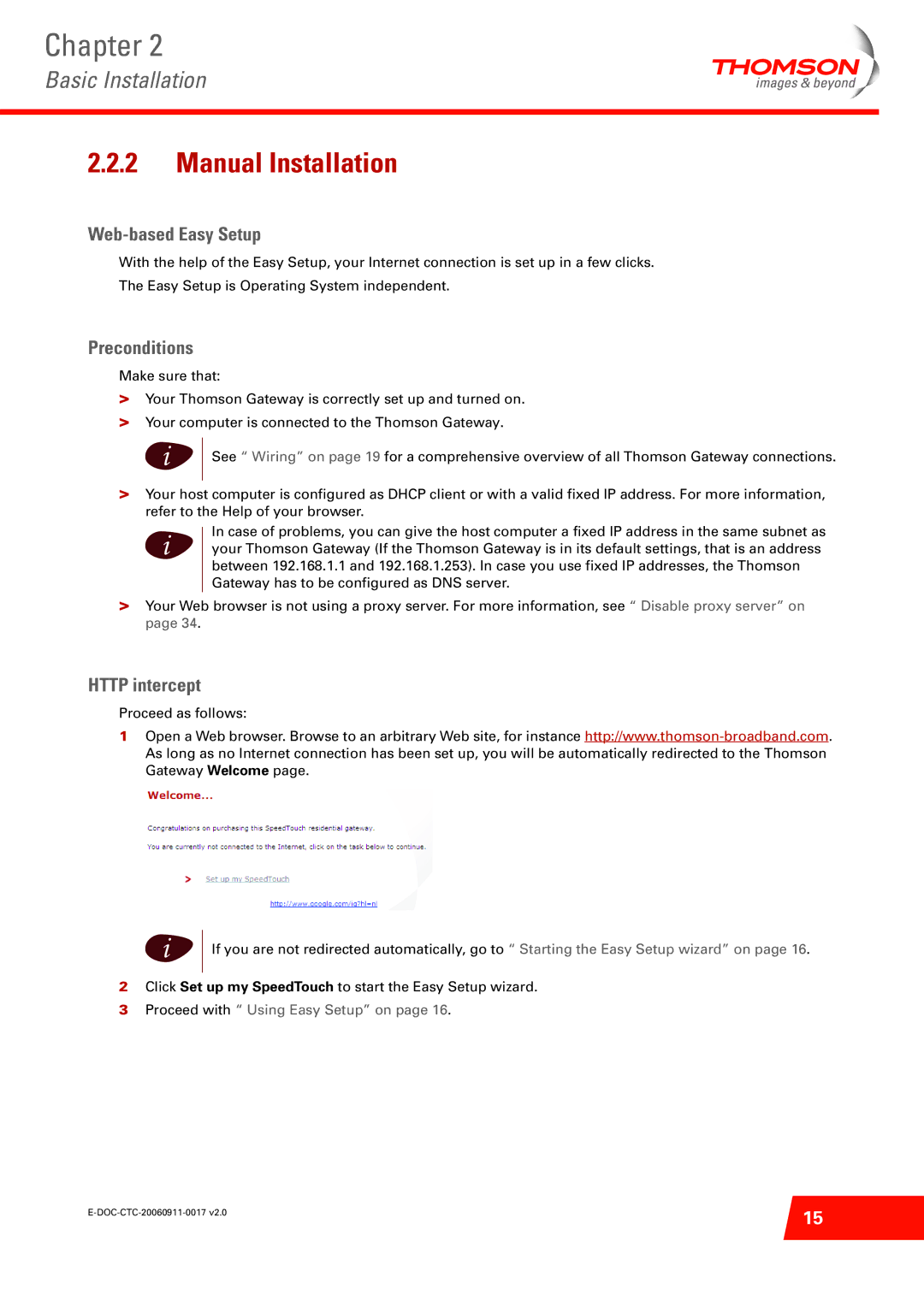 Technicolor - Thomson ST516V6 setup guide Manual Installation, Web-based Easy Setup, Preconditions, Http intercept 