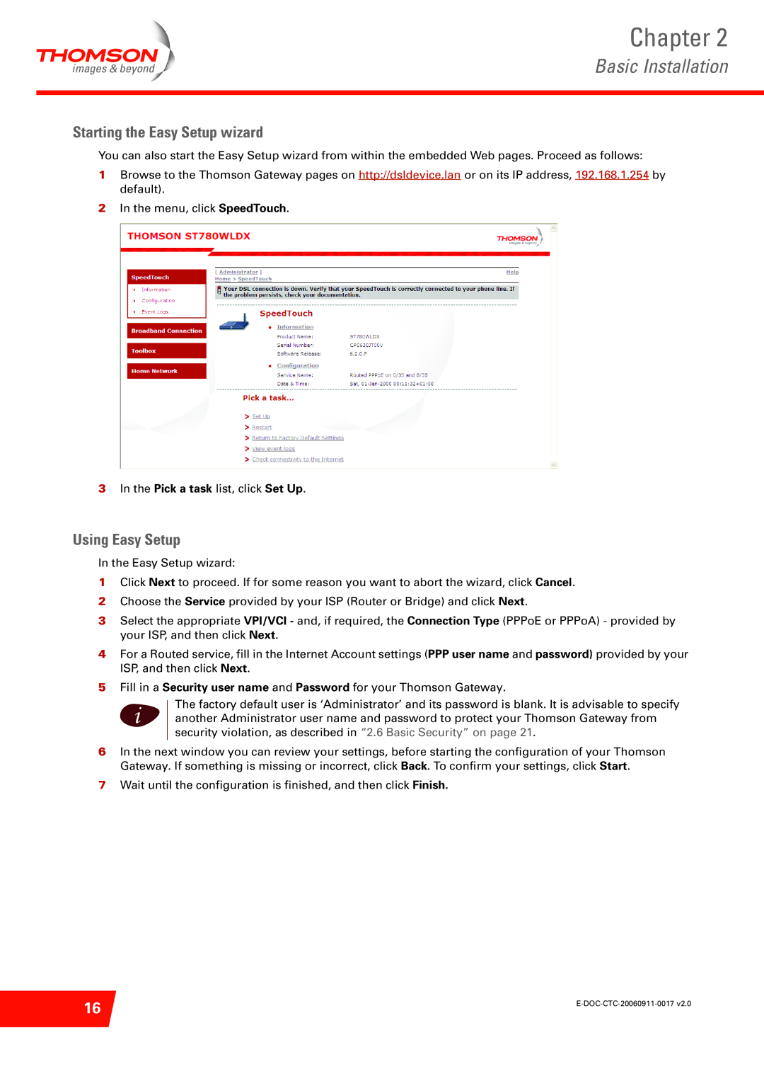 Technicolor - Thomson ST516V6 setup guide Starting the Easy Setup wizard, Using Easy Setup 