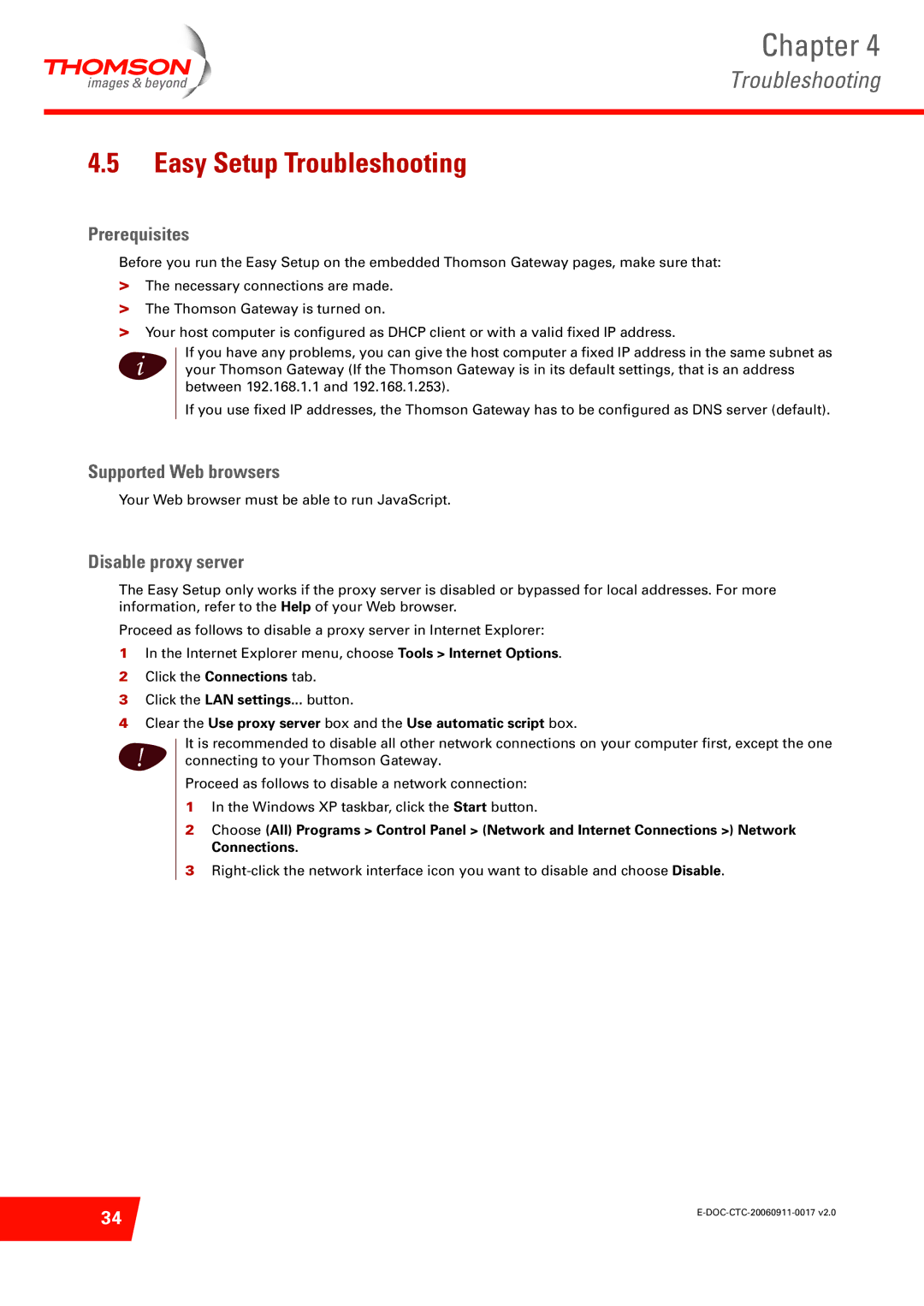 Technicolor - Thomson ST516V6 Easy Setup Troubleshooting, Prerequisites, Supported Web browsers, Disable proxy server 