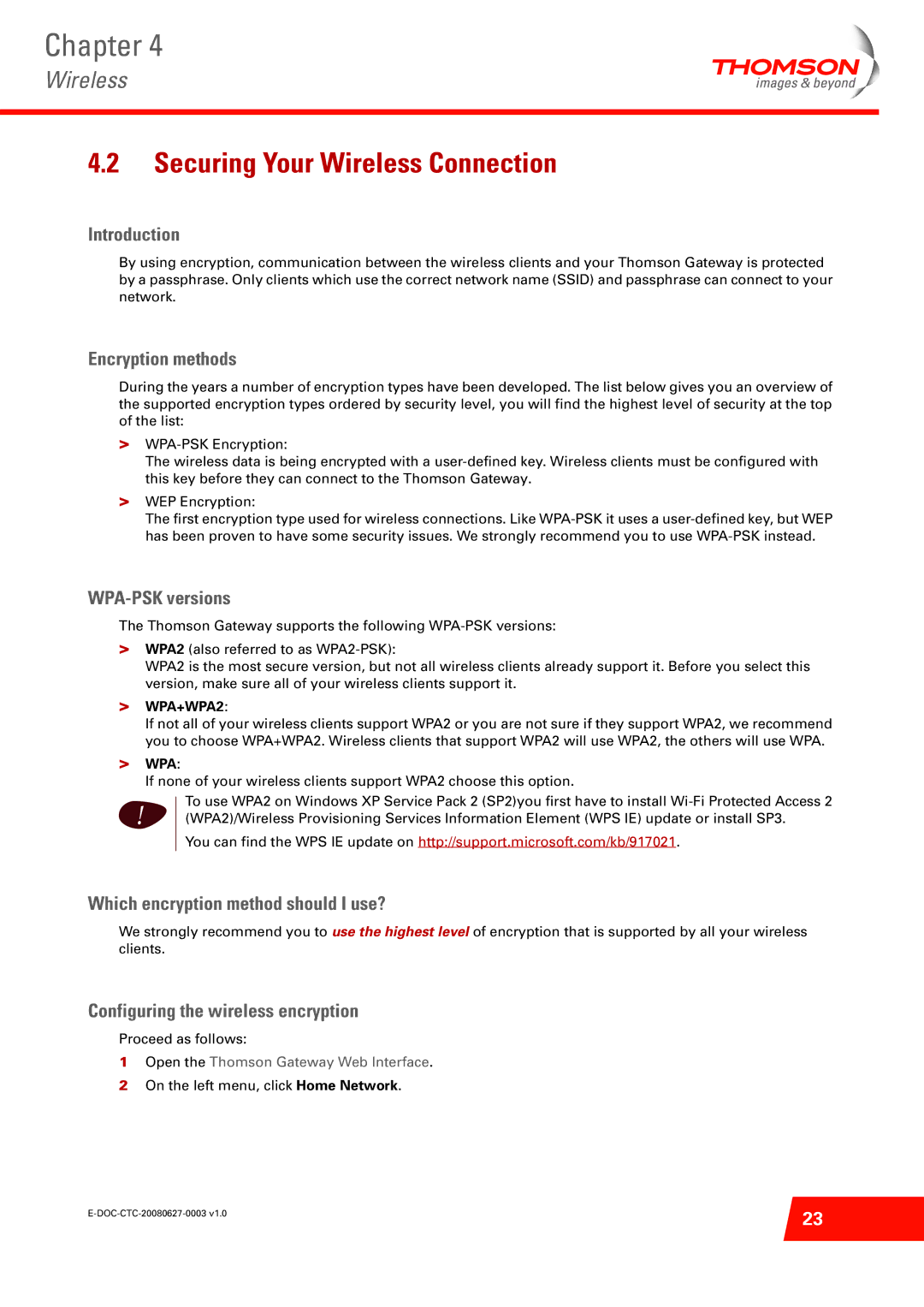 Technicolor - Thomson ST585 V6 manual Securing Your Wireless Connection, Encryption methods, WPA-PSK versions 