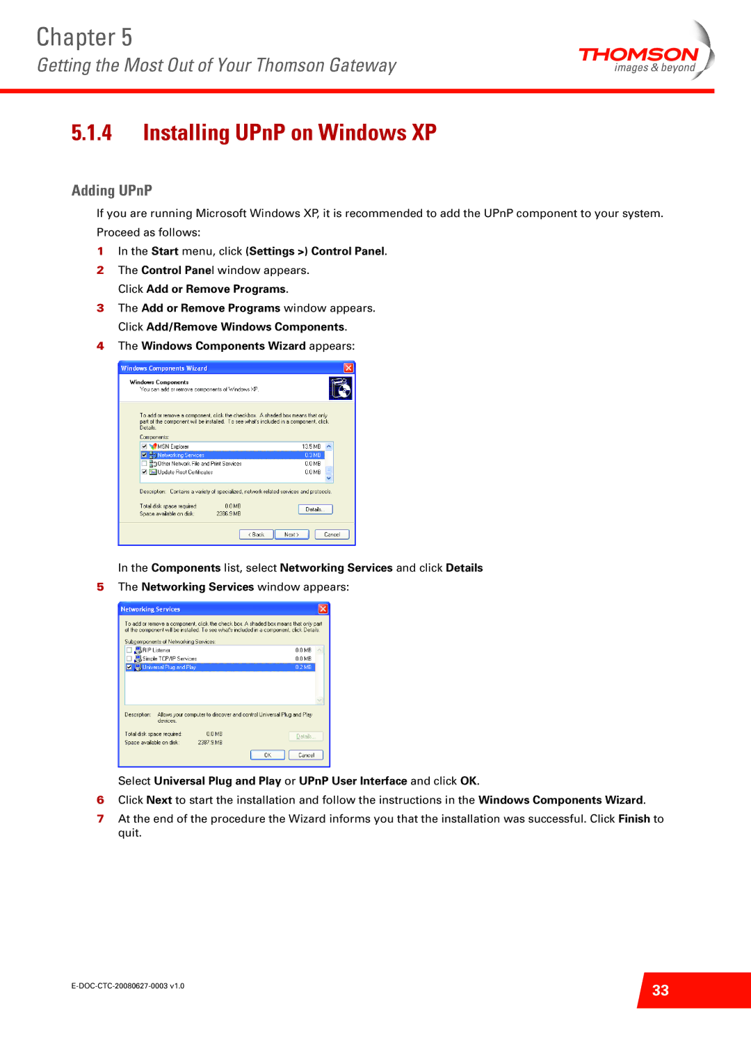 Technicolor - Thomson ST585 V6 manual Installing UPnP on Windows XP, Adding UPnP, Start menu, click Settings Control Panel 