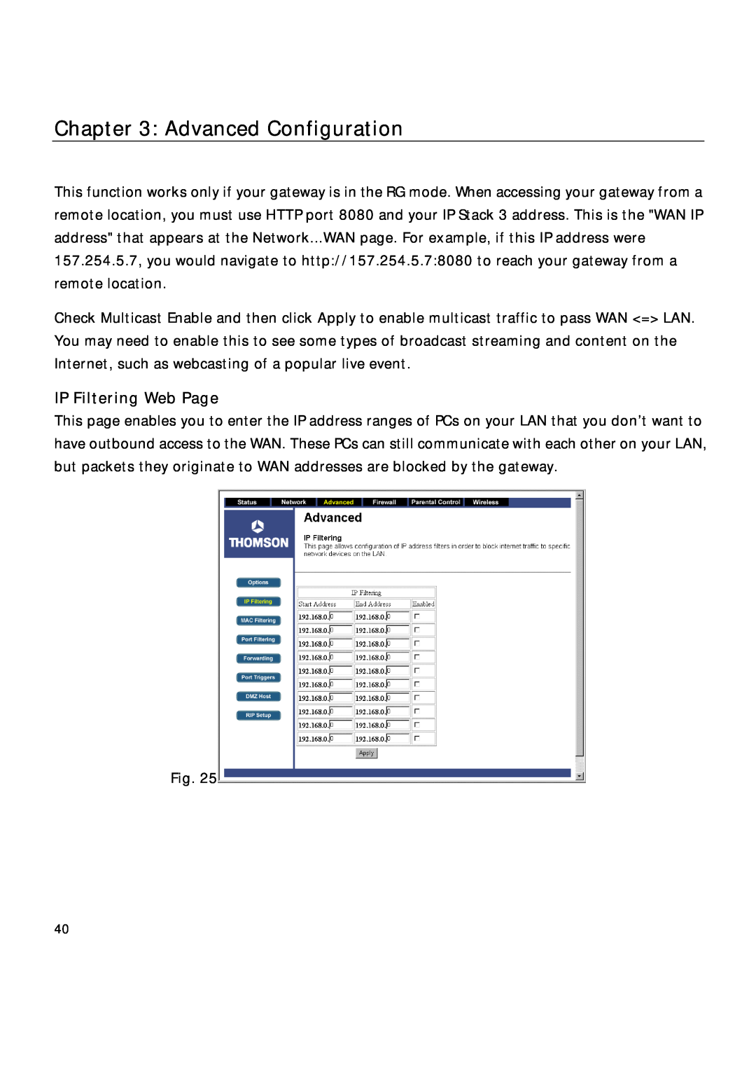 Technicolor - Thomson TCW710 manual IP Filtering Web Page, Advanced Configuration 