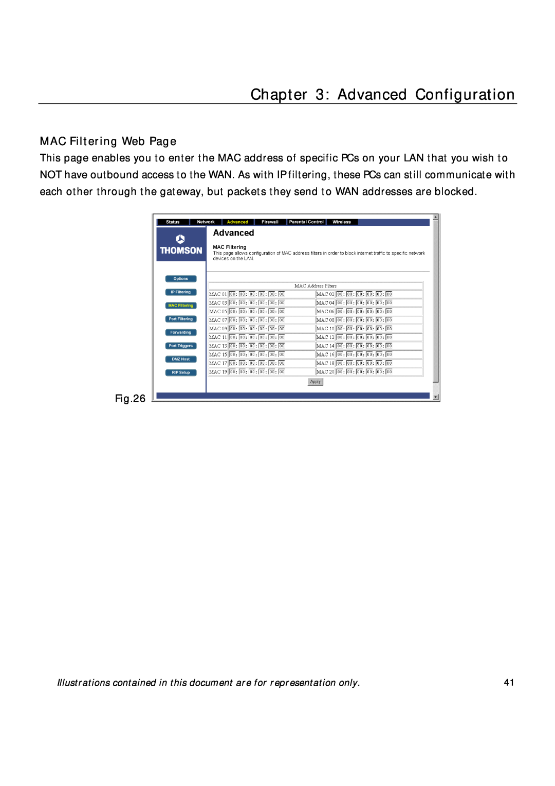 Technicolor - Thomson TCW710 manual MAC Filtering Web Page, Advanced Configuration 