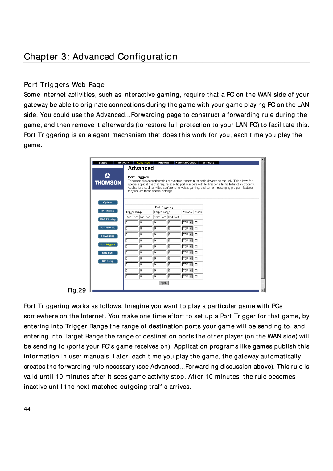 Technicolor - Thomson TCW710 manual Port Triggers Web Page, Advanced Configuration 