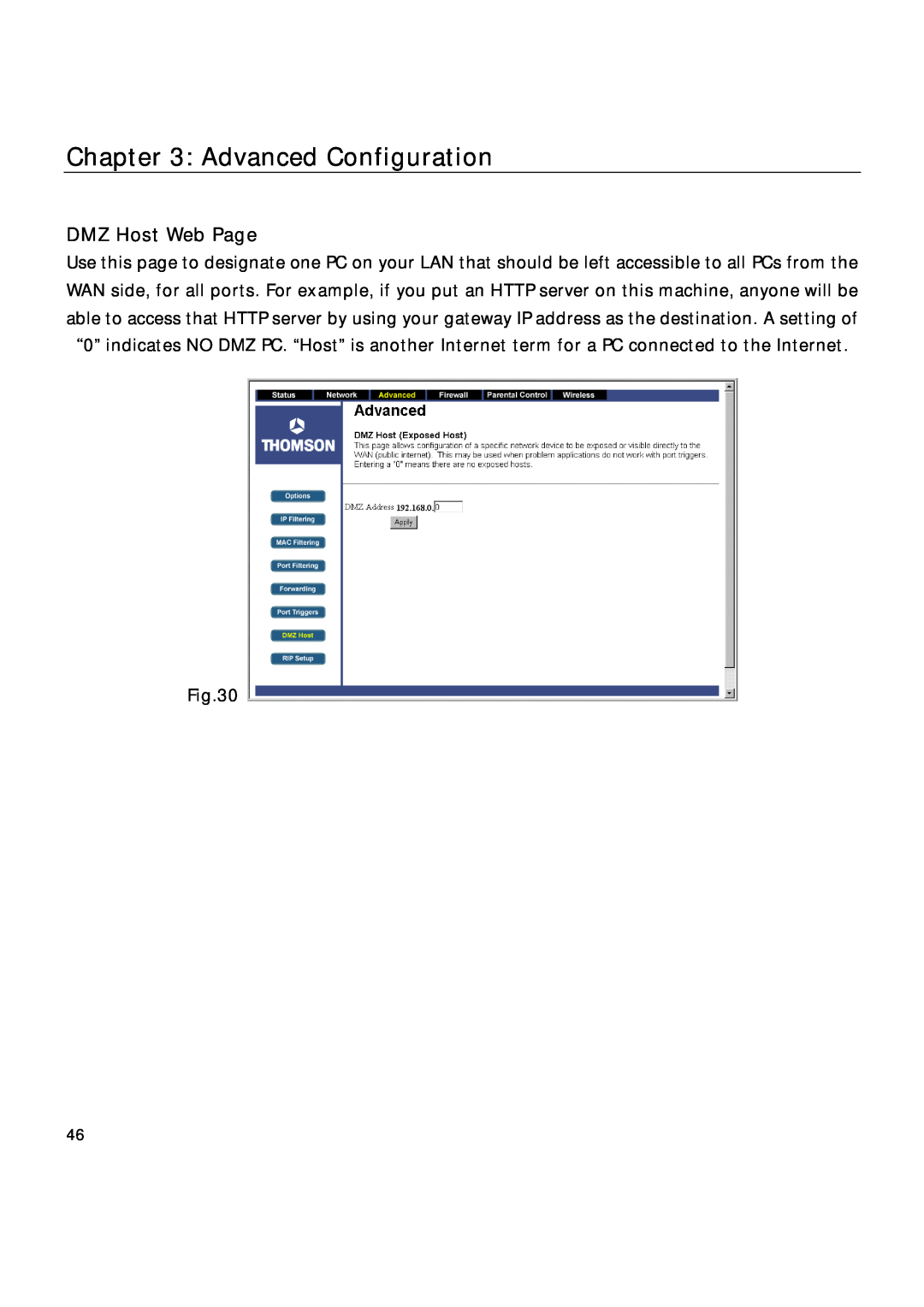 Technicolor - Thomson TCW710 manual DMZ Host Web Page, Advanced Configuration 