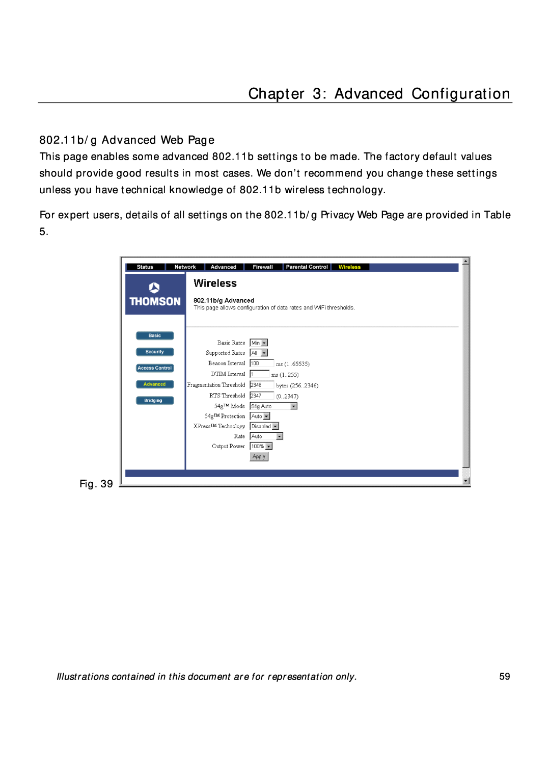 Technicolor - Thomson TCW710 manual 802.11b/g Advanced Web Page, Advanced Configuration 