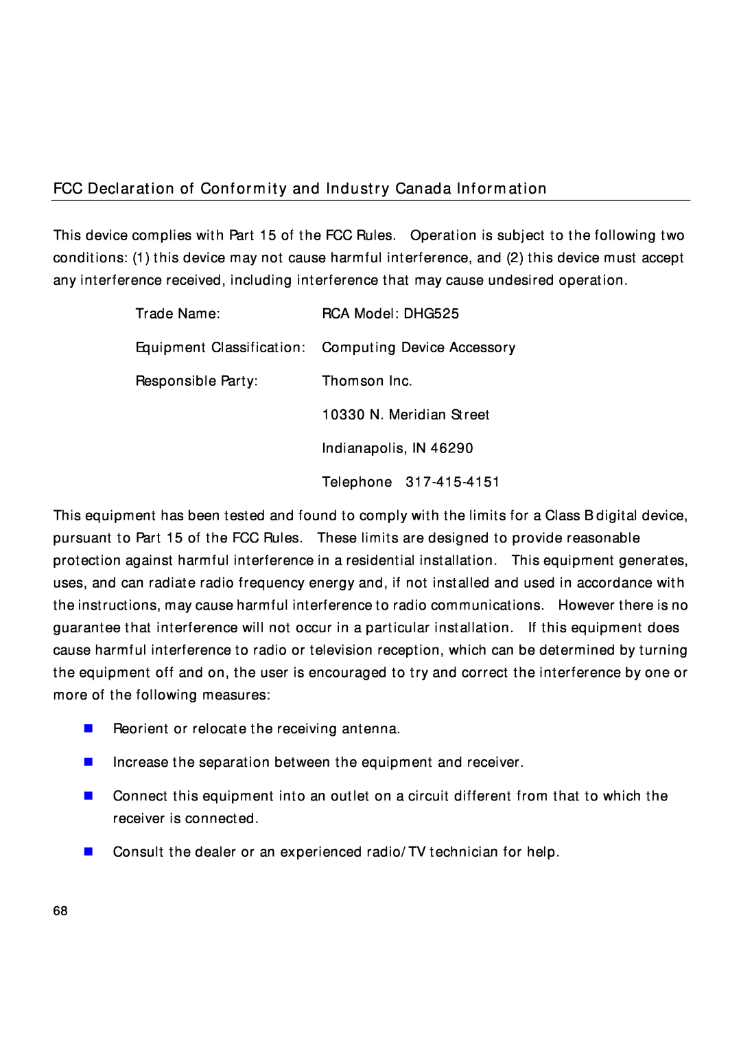 Technicolor - Thomson TCW710 manual FCC Declaration of Conformity and Industry Canada Information 