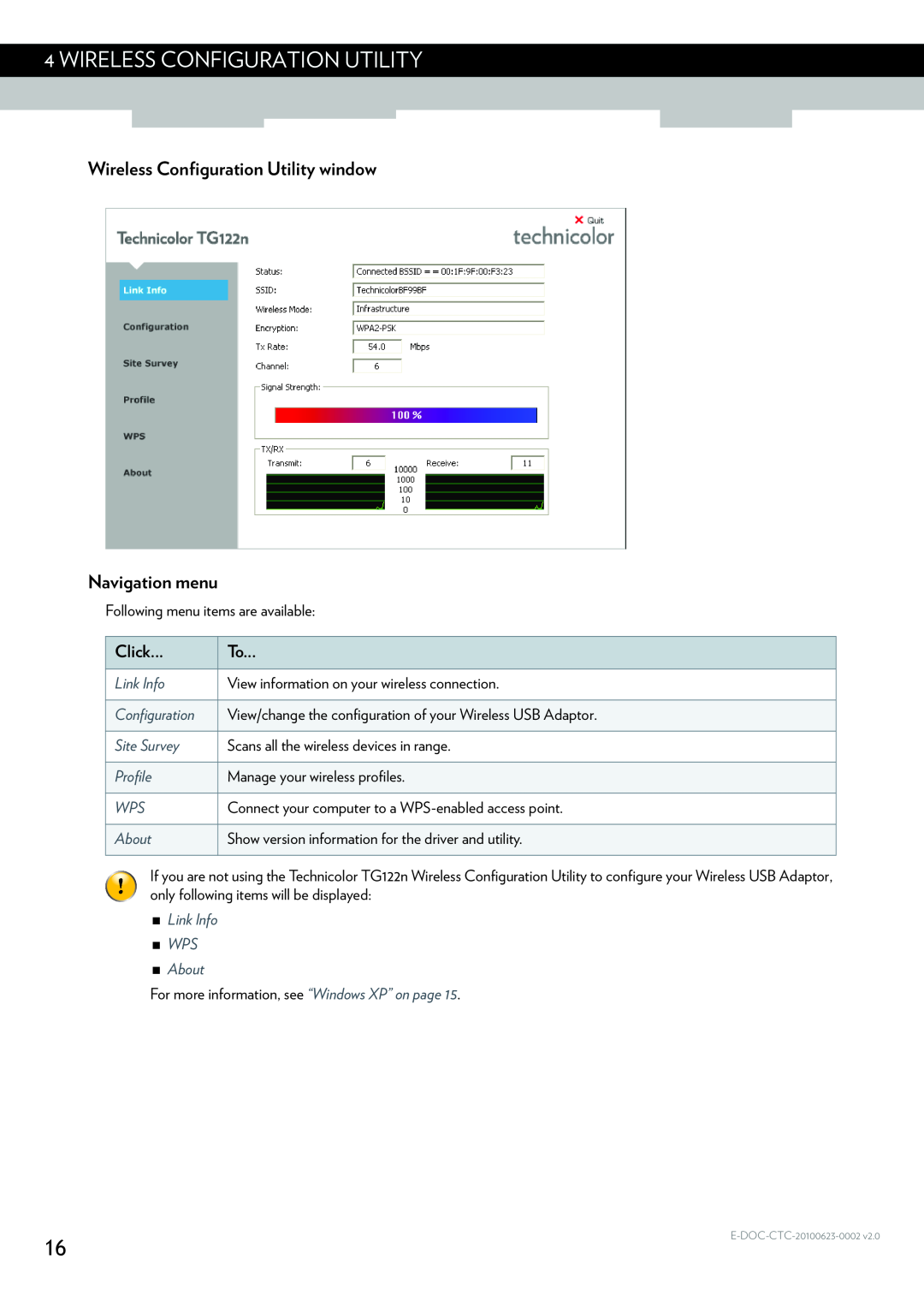 Technicolor - Thomson TG122N Wireless Configuration Utility window Navigation menu, Click, Link Info, Site Survey, Profile 